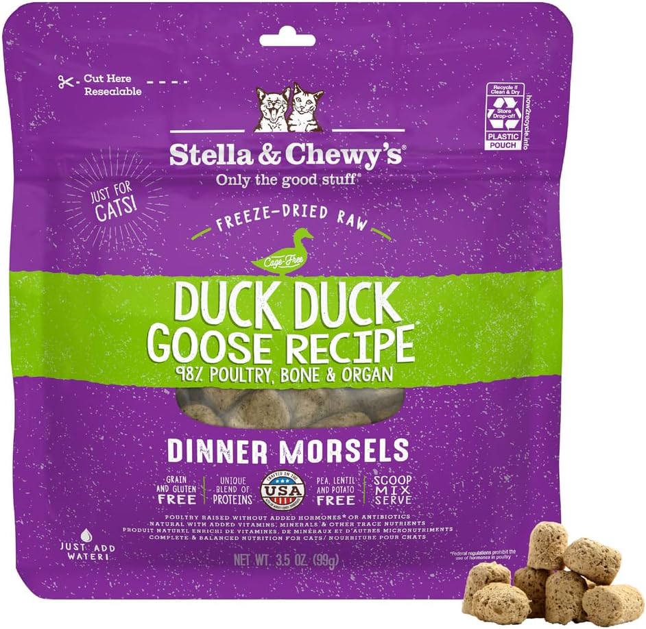 Stella & Chewy's Freeze-Dried Raw Cat Dinner Morsels - Premium Duck & Goose Recipe with 98% Cage-Free Poultry & Organs - Natural Grain-Free Cat & Kitten Food - Made in USA - 3.5 oz