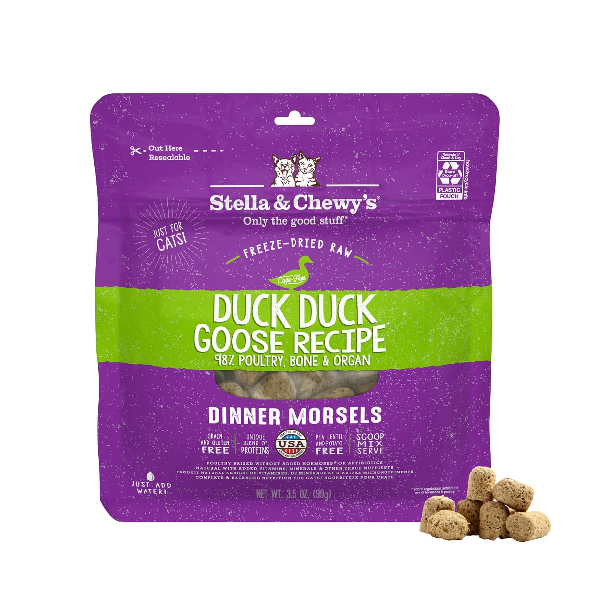 Stella & Chewy's Freeze-Dried Raw Cat Dinner Morsels – Grain Free, Protein Rich Cat Kitten Food – Duck Duck Goose Recipe – 3.5 oz Bag