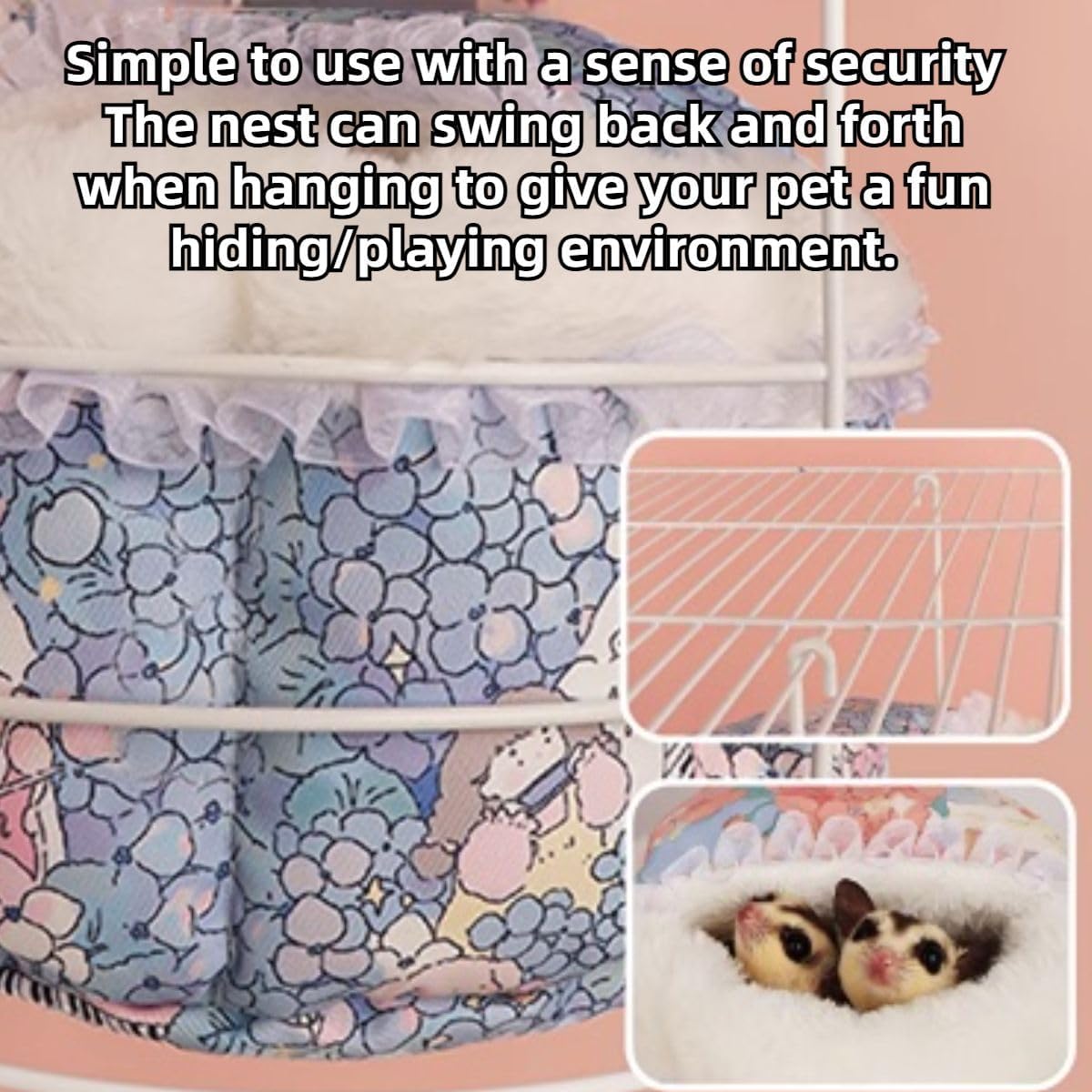 Rat Hammock for Cage Chew Proof Rat Toys Warm Bed, Small Animal Hanging Metal Basket Ferret Cage Accessories and Habitats Removable Nest Mat for Hamster, Sugar Glider, Hedgehog (Pink,Large)