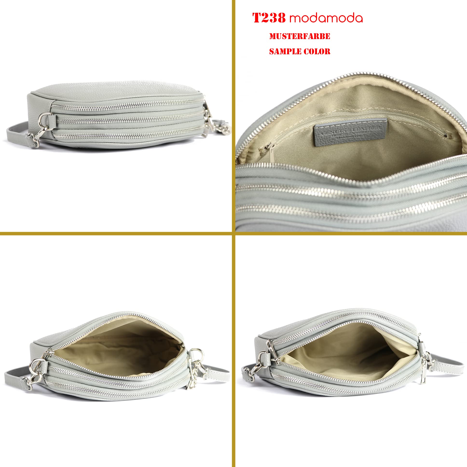 modamoda de - T238 - ital. Damen Umhängetasche Leder Medium, Farbe:Silber-Metallic