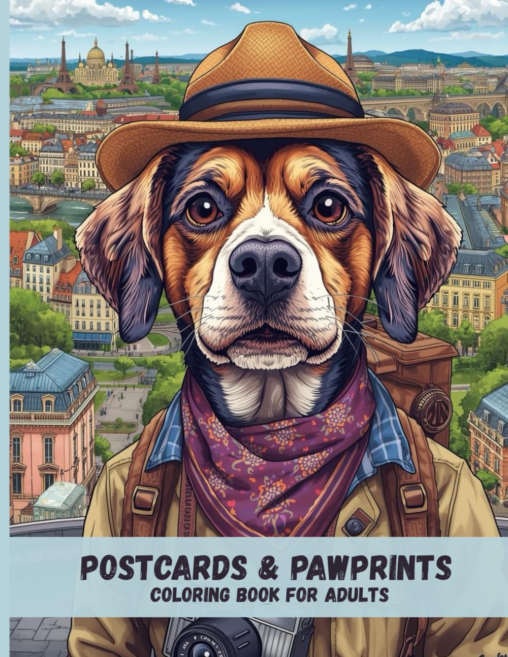 Postcards & Pawprints: A Vintage-Inspired Traveling Dogs Coloring Book for Adults