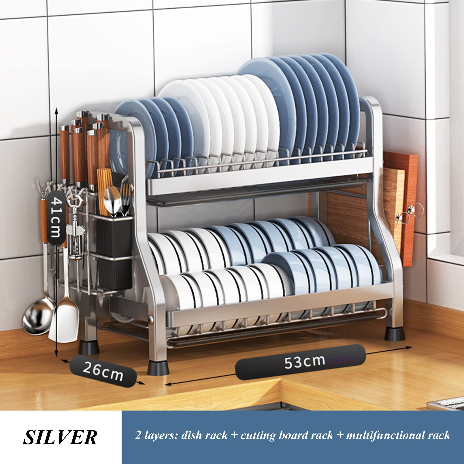 Escurridor de platos con escurridor – Escurreplatos grande para encimera de cocina – Organiza utensilios con capacidad de peso de 60 kg – Juego de soporte para utensilios incluido
