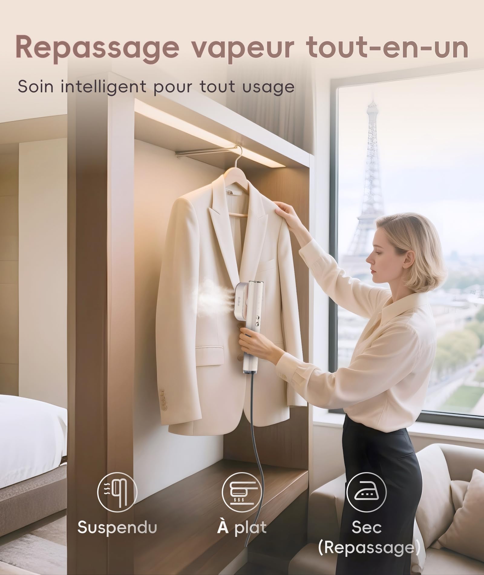 Défroisseur vapeur portable 2 en 1 pour vêtements, 100-240 V, double tension, réservoir d'eau de 1000 W et 120 ml, or rose