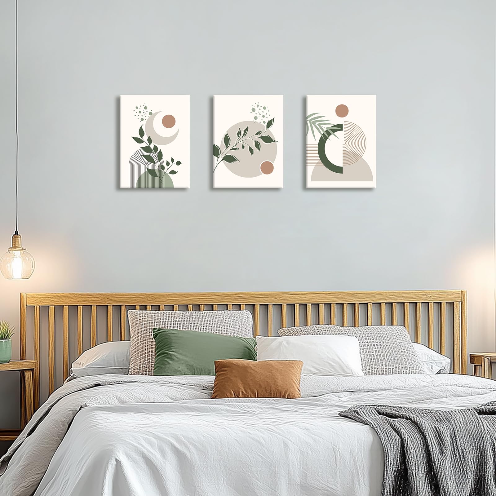 3Pcs Boho Framed Canvas Wall Art for Bedroom Modern Aesthetic Green Botanical Wall Pictures Mid Century Geometric Home Decor Canvas Painting Wall Decor for Living Room Office Ready to Hang 30x40cmx3 - Image 4