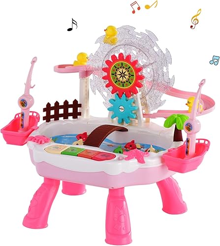 Miniatura 8 de IIROMECI Juguetes de pesca para niños de 3 a 5 años, juego de juguetes de pesca con rueda de fortuna giratoria, tobogán de animales y música, juegos