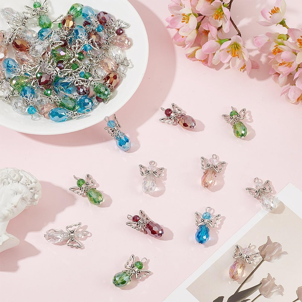 50Pcs Glass Angel Charms Angel Teardrop Faceted Beads Charm with Iron Wings Clear Wing Beads Pendants Wing Bead Dangle Pendants with Loop for Jewelry Making