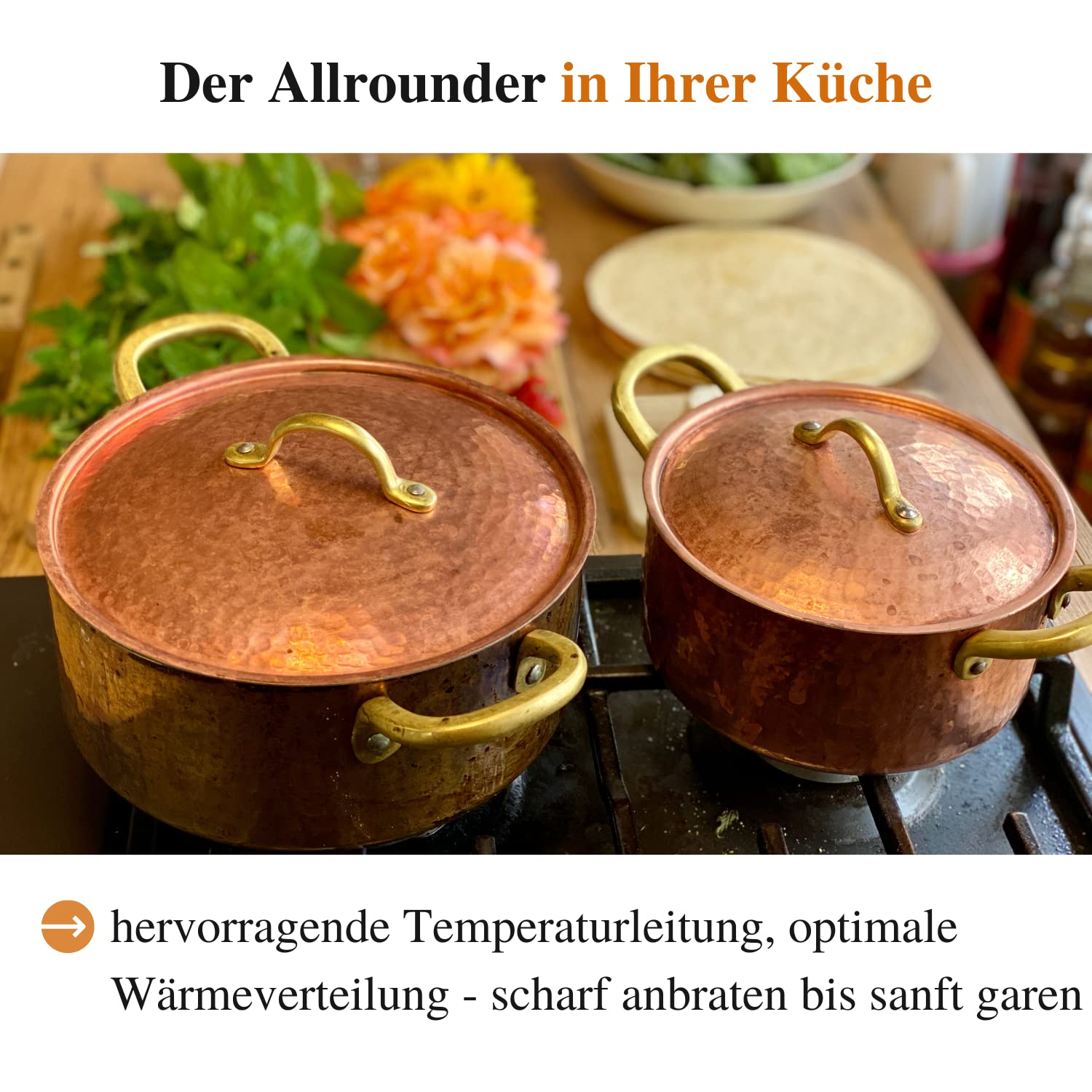 CopperGarden Kupfertöpfe 3er Set mit Deckel & Messinggriffe I Gehämmerte Kupferkochtöpfe: Ideale Wärmeleitung & -verteilung I Robuste Kupfer Töpfe mit 100% Zinn beschichtet