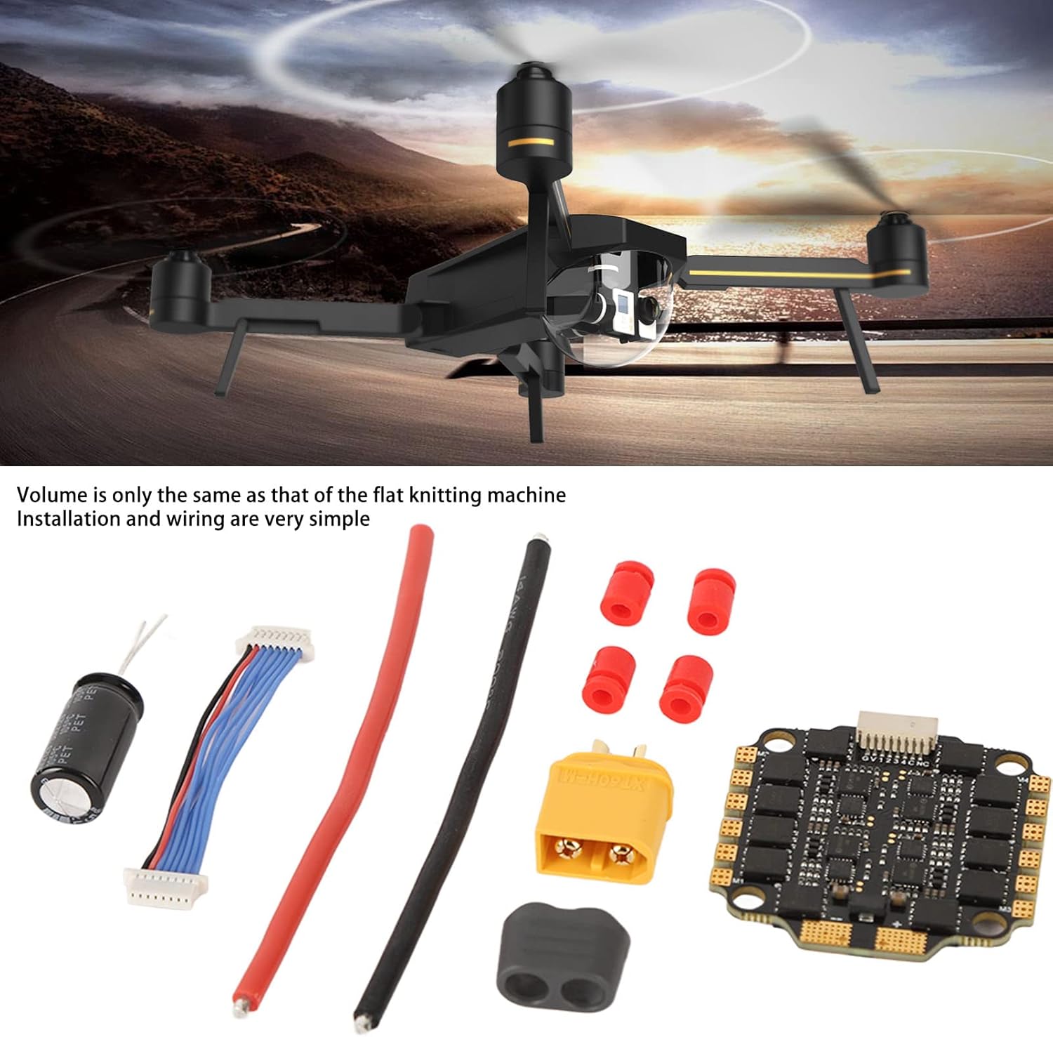 RC drone flying over a scenic landscape, demonstrating the ESC's application