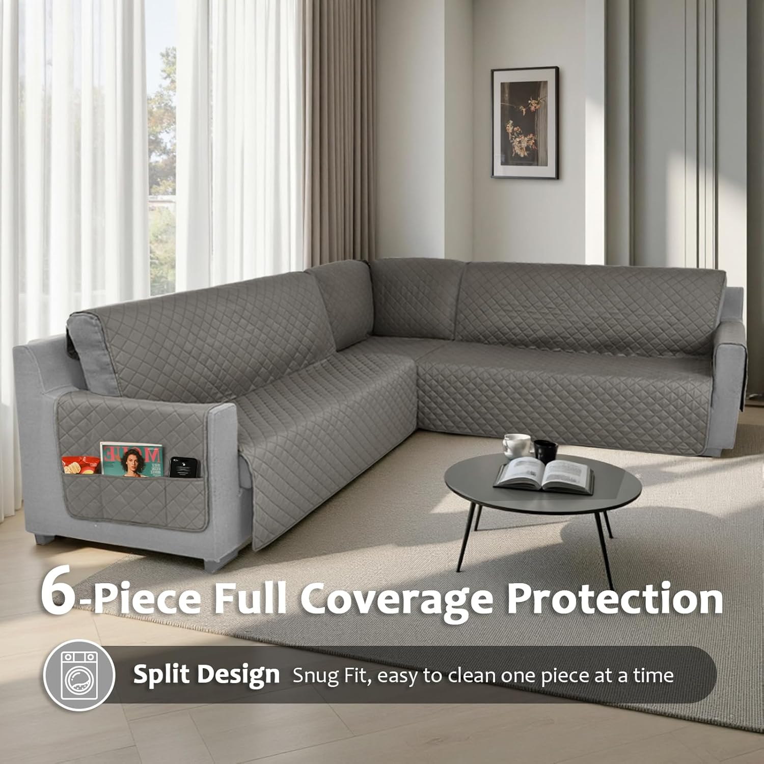 Waterproof Sectional Couch Covers L Shape Sectional Sofa Covers for Pets Washable Non-Slip 6PCS U Shaped Sofa Slipcovers Dog Couch Cover Corner Furniture Protector (XX-Large, Gray)