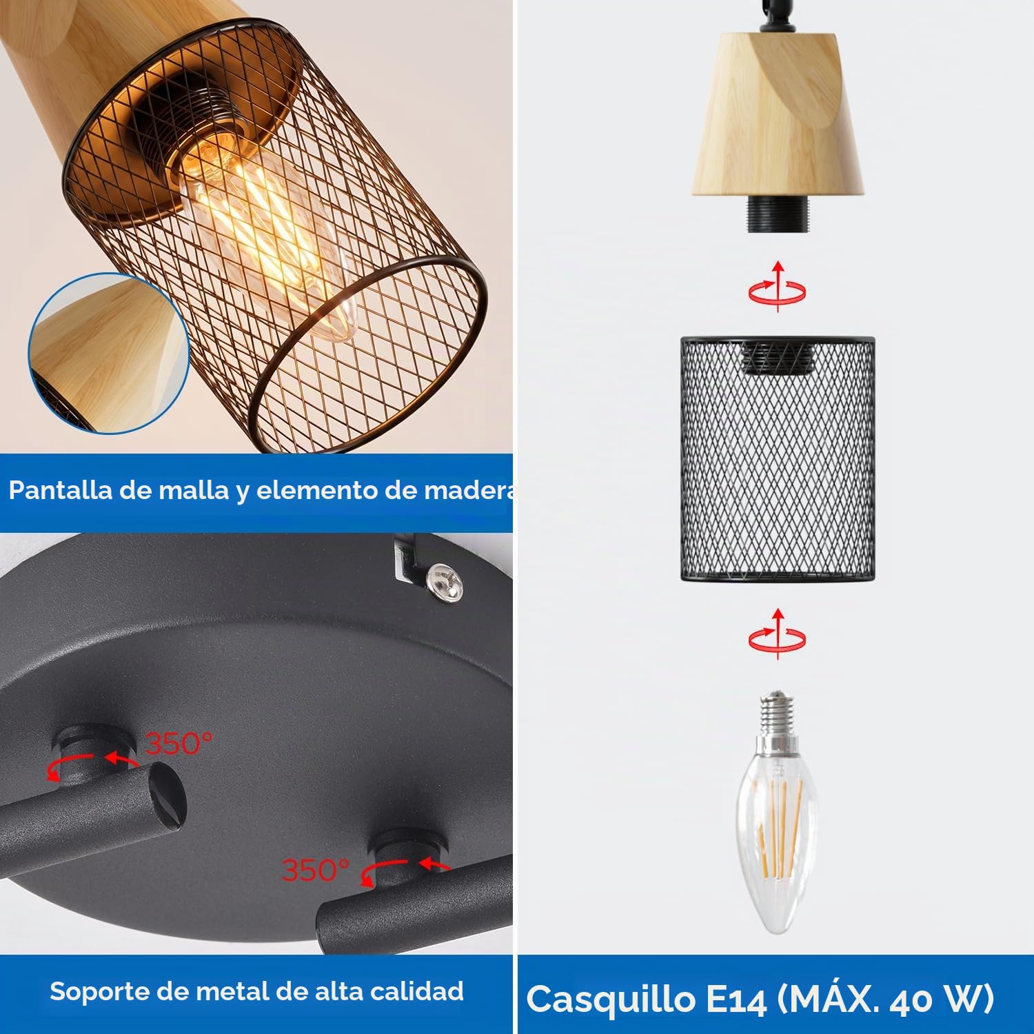 ANWIO Lampara Techo 4 Luces, Focos LED Interior Techo E14, Foco Ajustable 350°, Lamparas de Techo Negra, Lamparas LED Techo para Cocina, Pasillo, Salón, Entrada, Cafetería（Sin Bombilla）