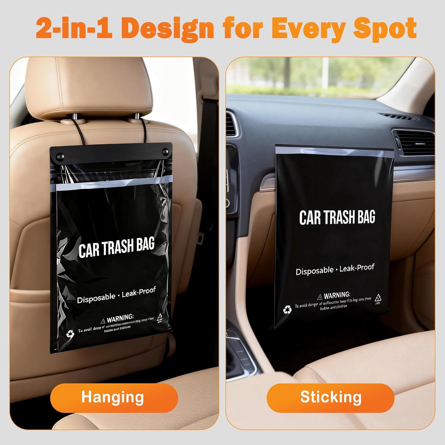 100 Count Disposable Car Trash Bags - 2 Gallon Leakproof & Smellproof Car Garbage Bags, Hanging & Stick-On Car Trash Can Alternative, 1.18 mil Heavy Duty for Car, SUV, Truck