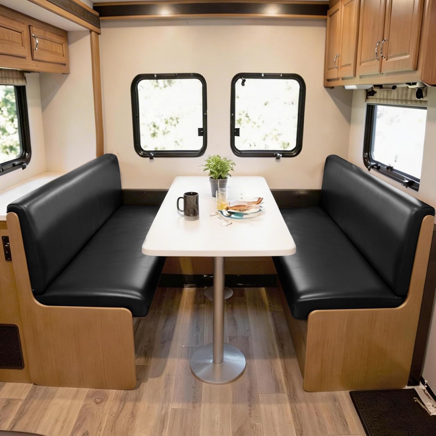 Pu Leather RV Dinette Cushion Covers Waterproof Stretch Camper Cushion Slipcovers Thickened Odorless Washable RV Booth Seat Cover for Travel Trailer (2 Backrest Cover & 2 Bench Cover, Black)