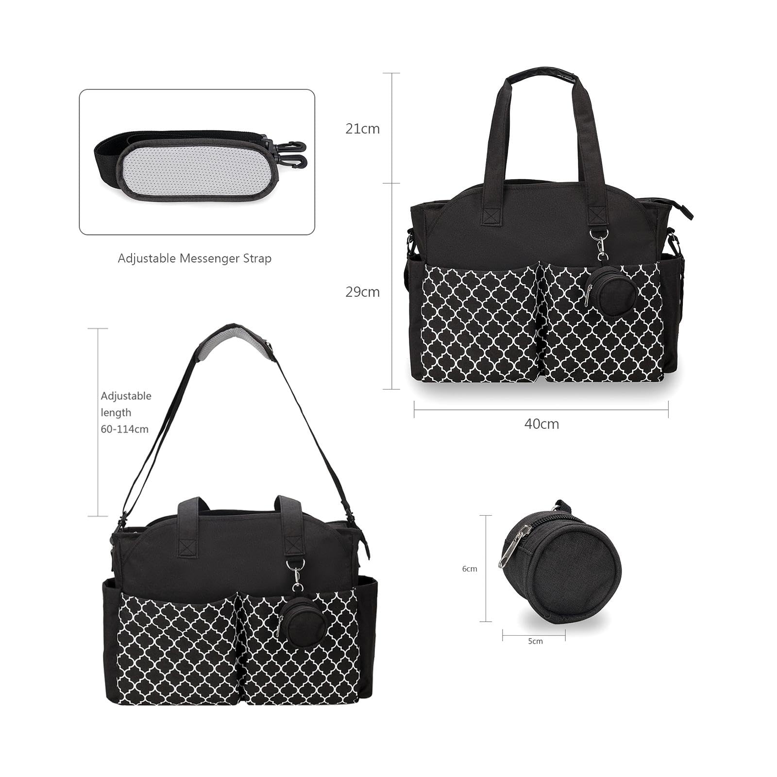 Wickeltasche Windeltasche Reisetasche Handtasche Aus Robustem Polyester mit Verstellbaren Trägern Und Praktischer Aufteilung für Mütter Unterwegs Im, Schwarz