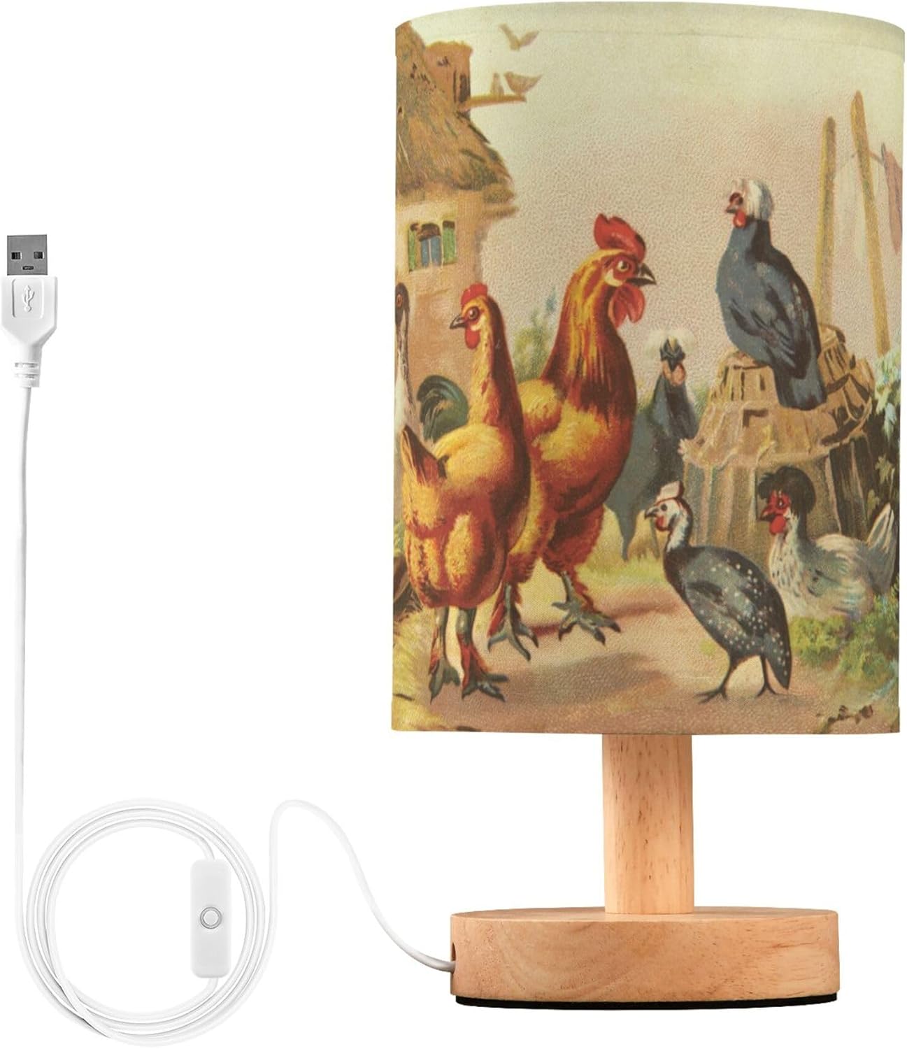 Old Vintage Hen Rooster Chicken Table Lamp with Wood Base Fabric Lamp Shade Bedside Nightstand Desk Lamp for Living Room Bedroom Kids Room Office