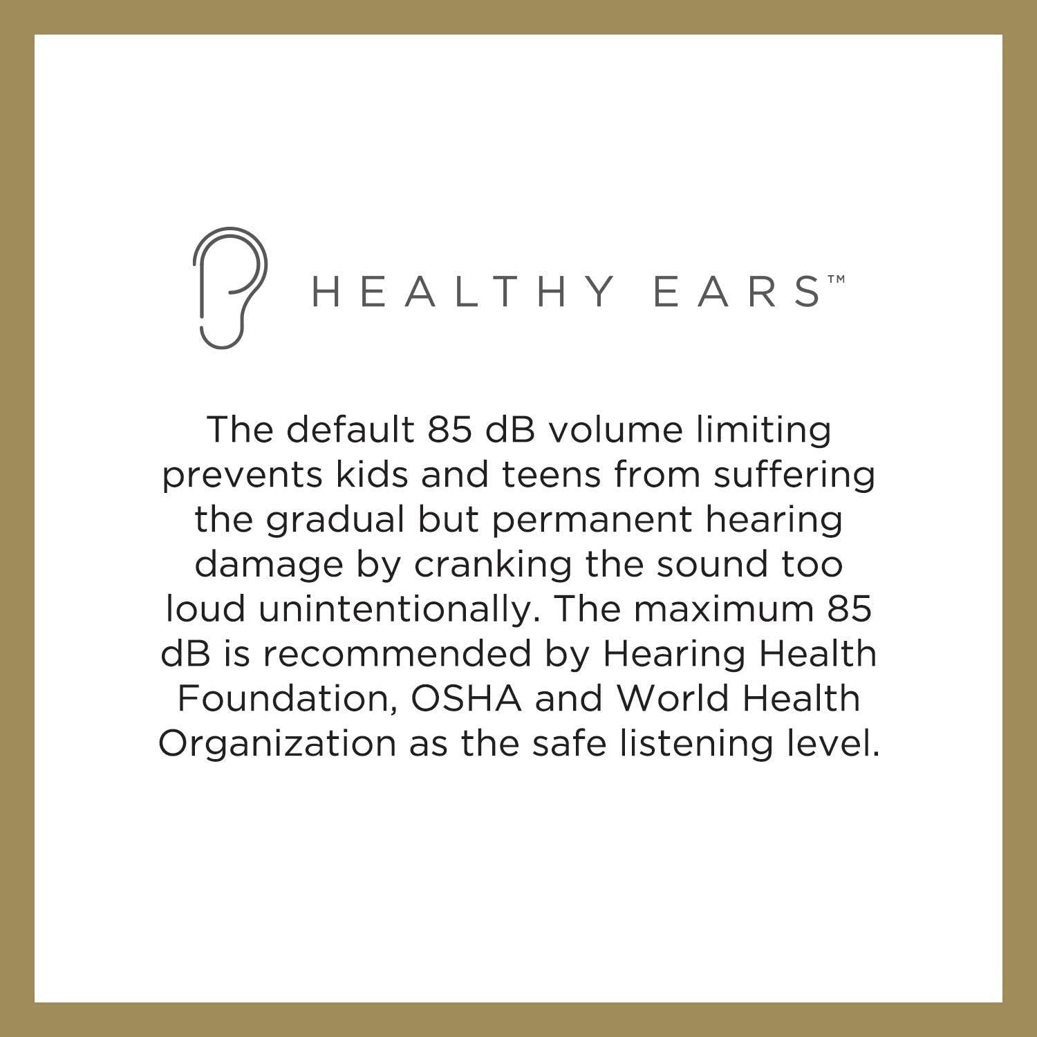 Healthy Ears logo with text explaining 85 dB volume limiting.