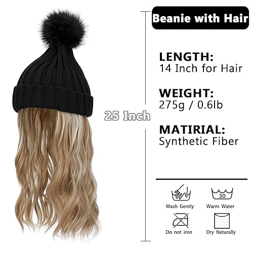 Miniatura 2 de Cephermer Gorro para mujer con pelo adjunto, gorro de punto cálido con pompón unido de 14 pulgadas de largo, ondulado, extensiones de cabello