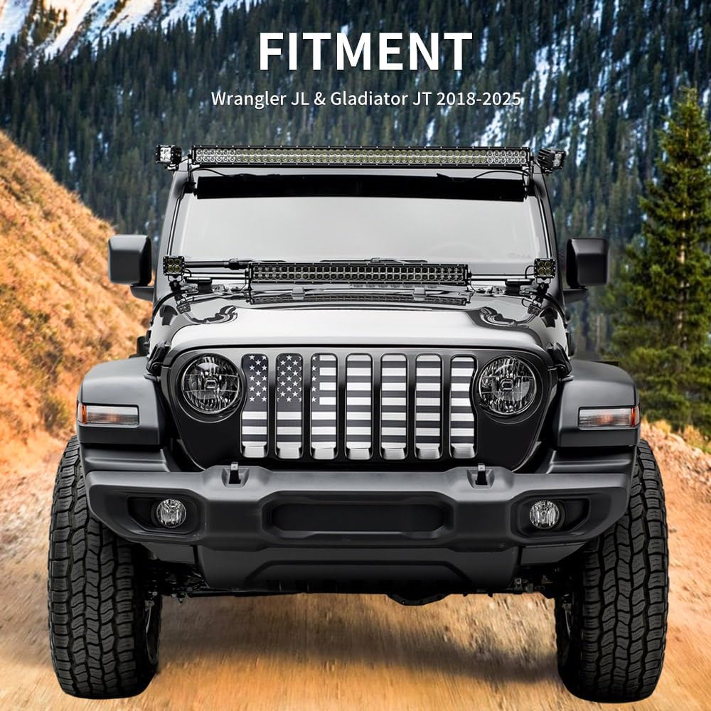 Front Mesh Grill Inserts Compatible with 2018-2025 Jeep Wrangler JL & Gladiator JT, Heavy-Duty American Flag Design (Black, 2018+ JL JT) Black Flag 2018+ JL JT