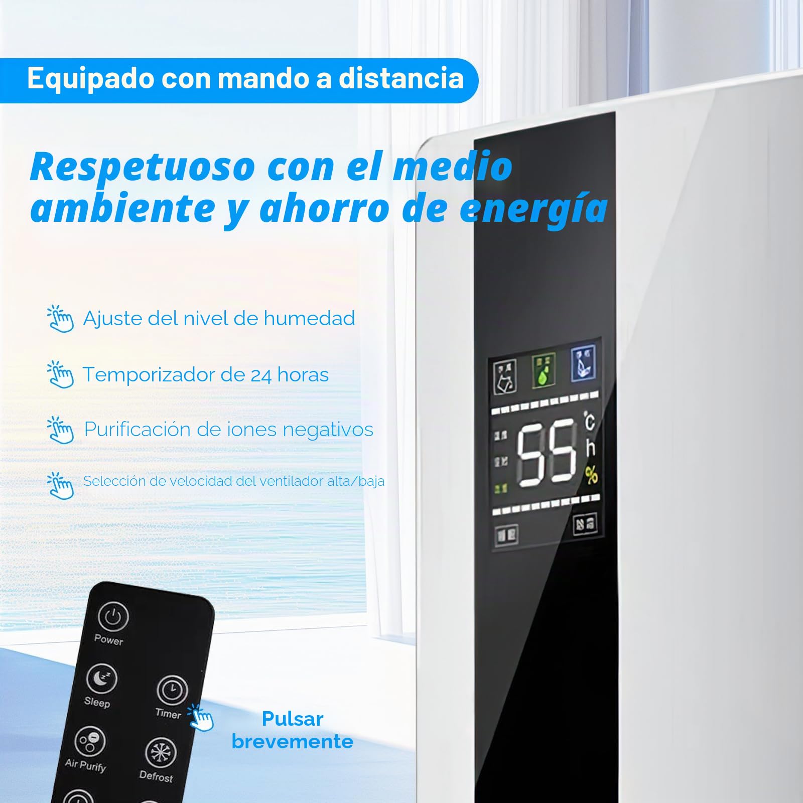 Deshumidificador eléctrico, Deshumidificador y purificador de aire 2 en 1, silencioso para casa - pantalla LED, Control inteligente de humedad, Temporizador de 24h, Control remoto (A)