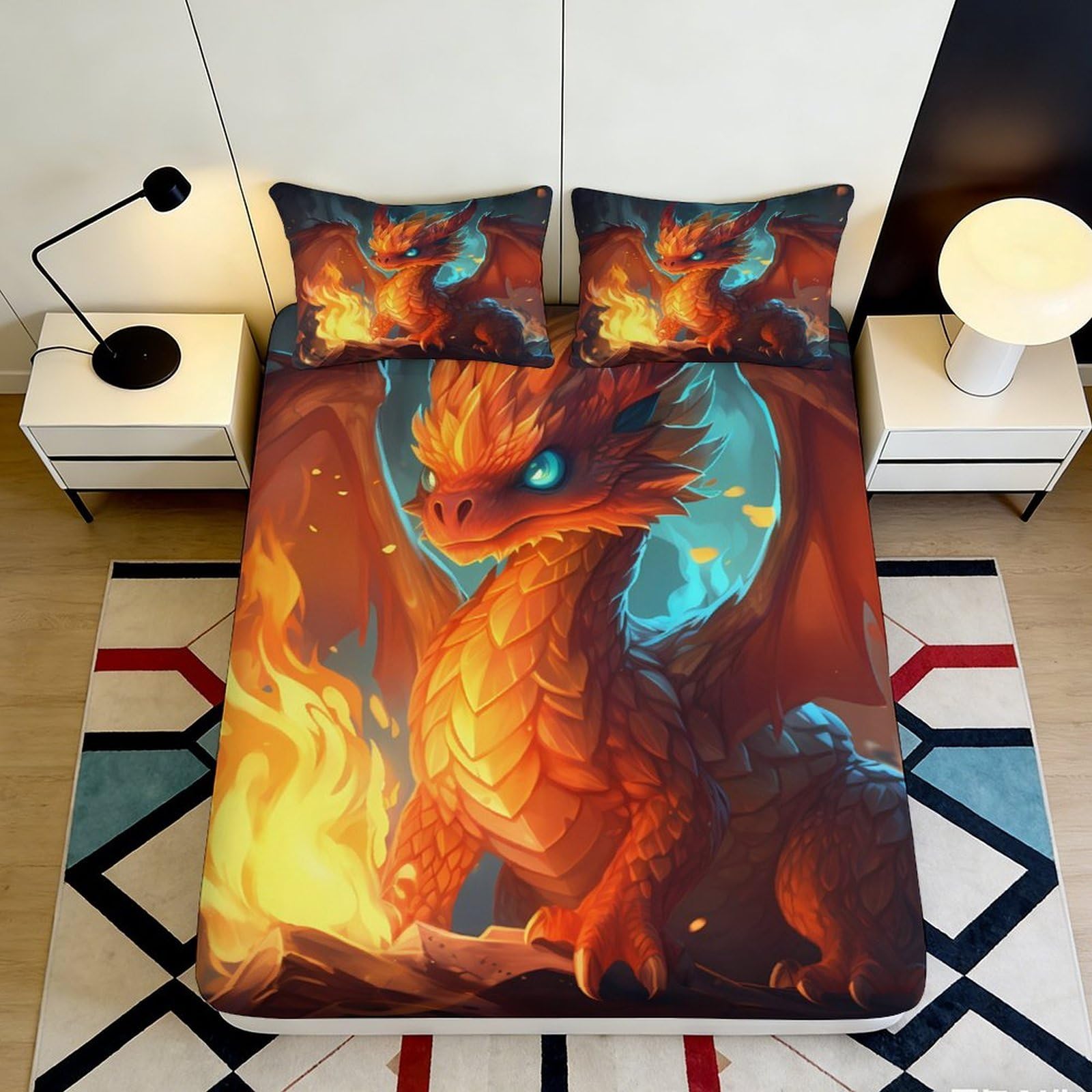 3D Printed Fire Dragon Fitted Sheet Microfiber Orange Fantasy Flame Mattress Cover for Bedroom Home Decor Dustproof 200x200x25cm