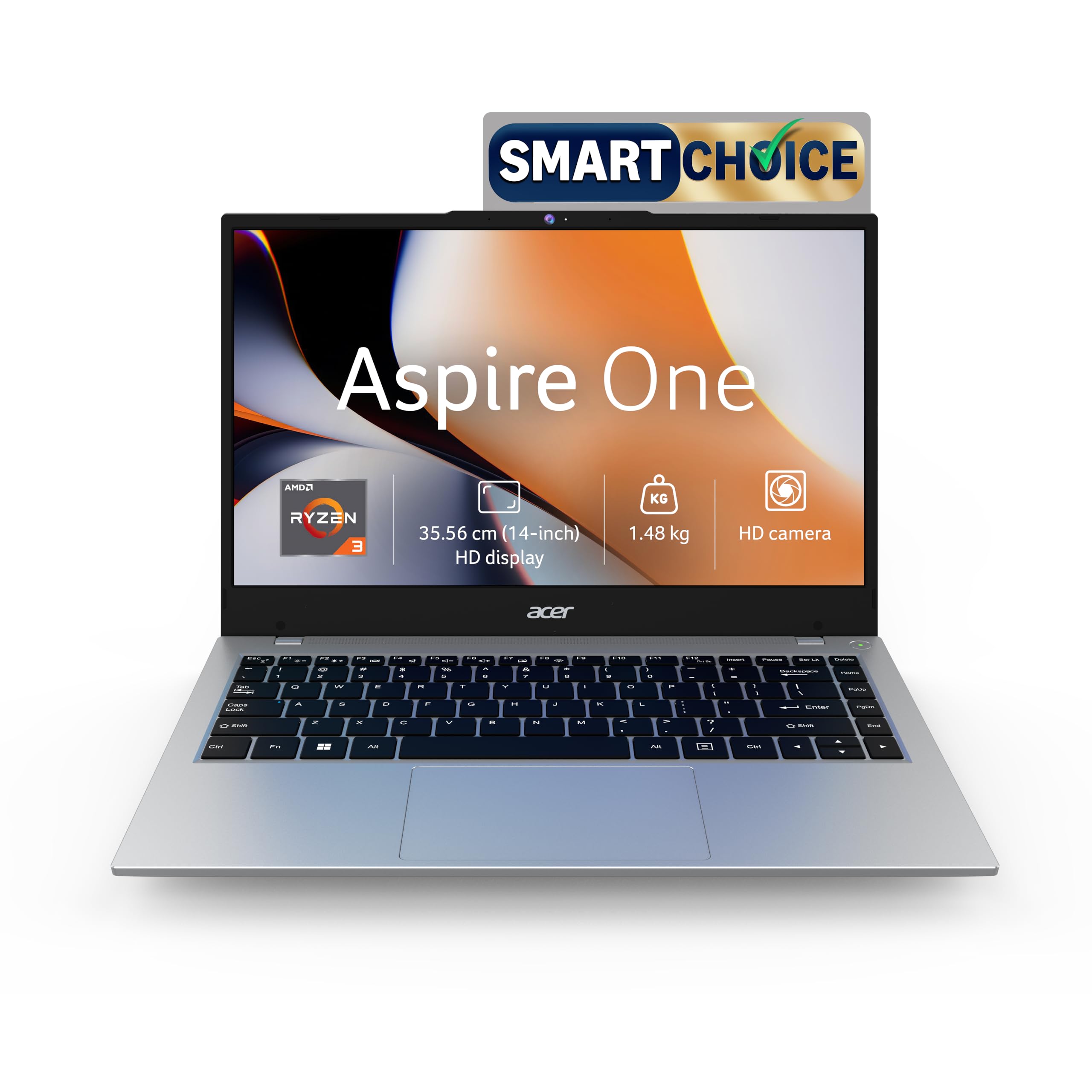 Acer Smartchoice Aspire One, AMD Ryzen 3-7320U, 8GB LPDDR5 RAM/ 256GB SSD, 14.0"/35.56cm TN HD Display, Win 11 Home, Pure Silver, 1.48KG, A114-43, Thin and Light Laptop