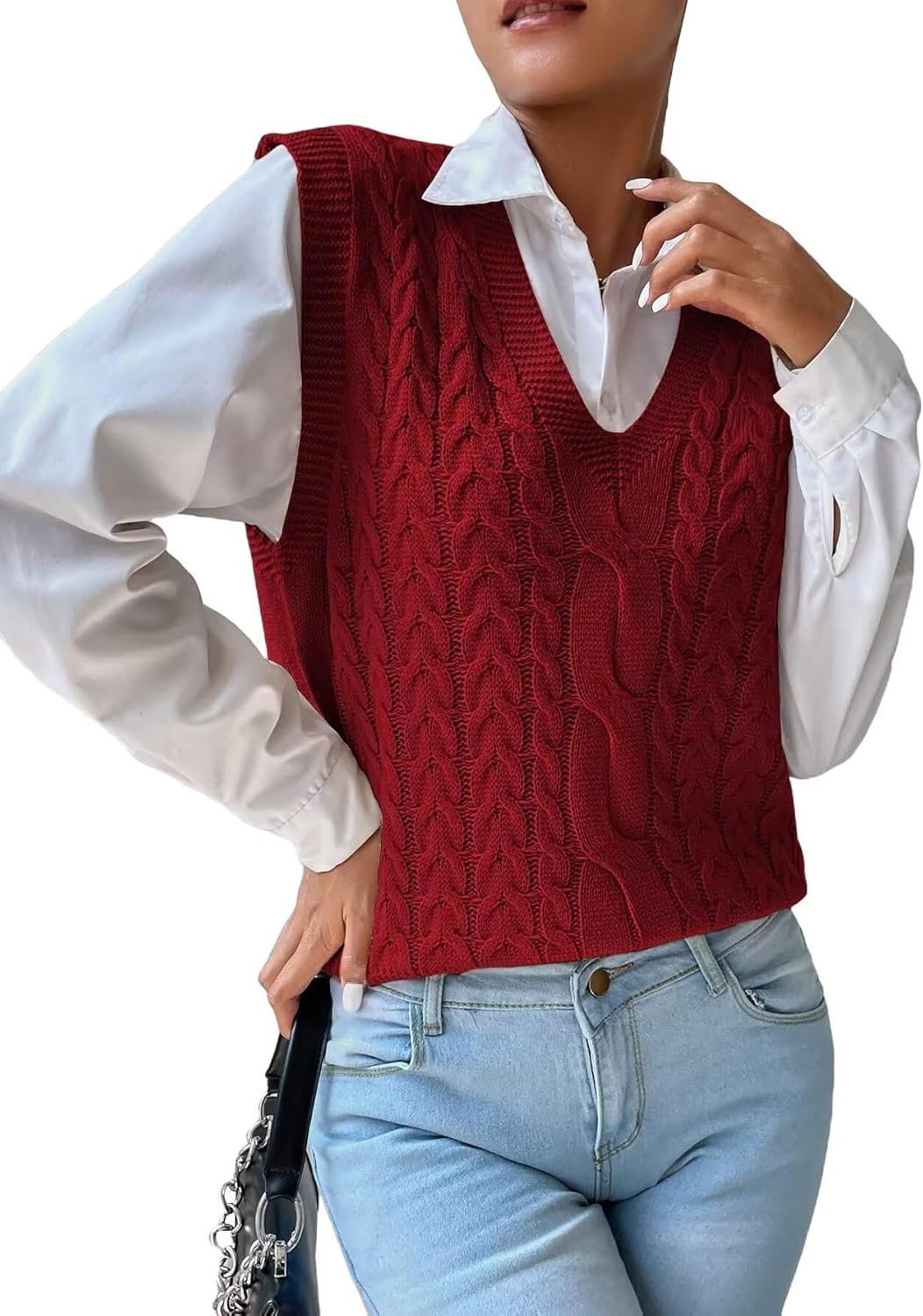 Womens Sweater Vest Cable Knit Casual V Neck Ribbed Preppy Pullover Tops Sleeveless