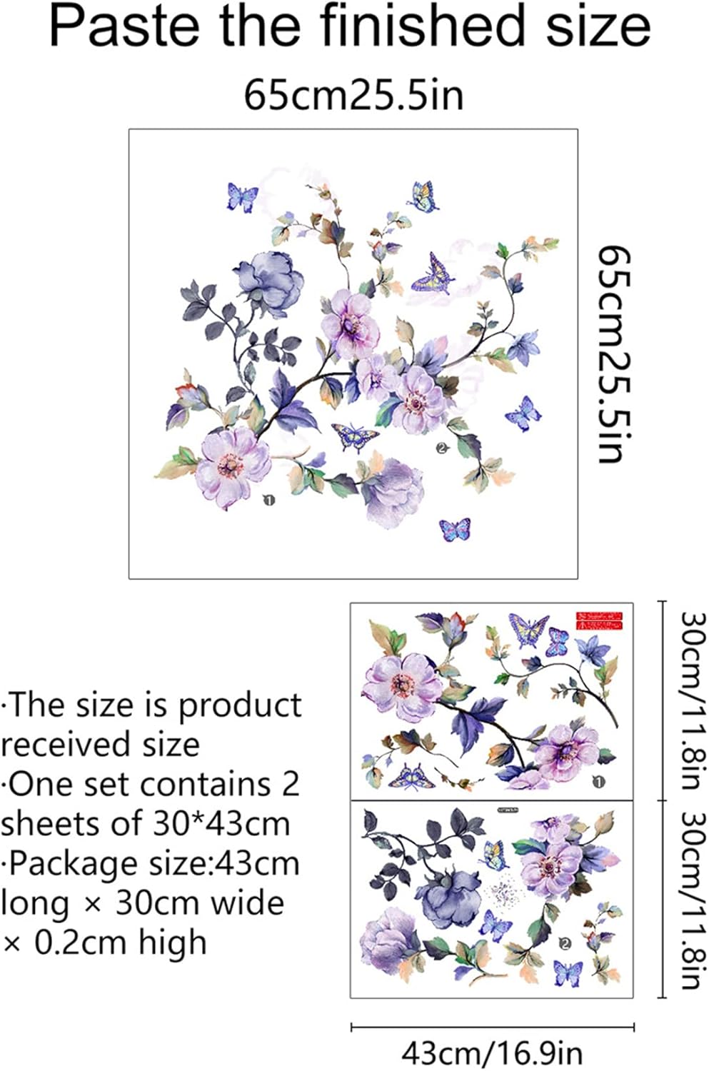 hanlongyu Purple Flower Wall Decals, Removable Fresh Flower Wall Stickers Peel and Stick Removable DIY Floral Butterflies Decals Tree Leaves Plant Wall Art Stickers Murals for Home Decor
