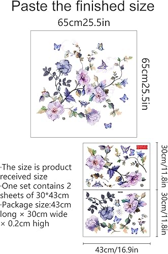Miniatura 6 de hanlongyu Calcomanías de pared de flores moradas, calcomanías de pared extraíbles de flores frescas, despegar y pegar, calcomanías de mariposas