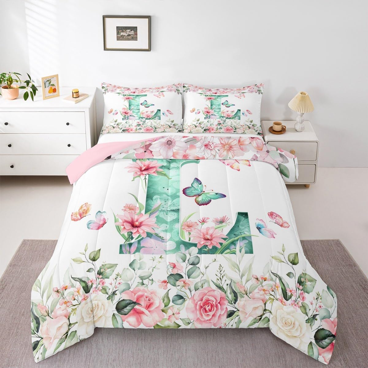 Erosebridal Personalized Green Letter Comforter Set Watercolor Initial Alphabet M Bedding Set Twin Size for Kids Boys Girls,Pink Romantic Flowers Comforter Butterflies Floral Quilt