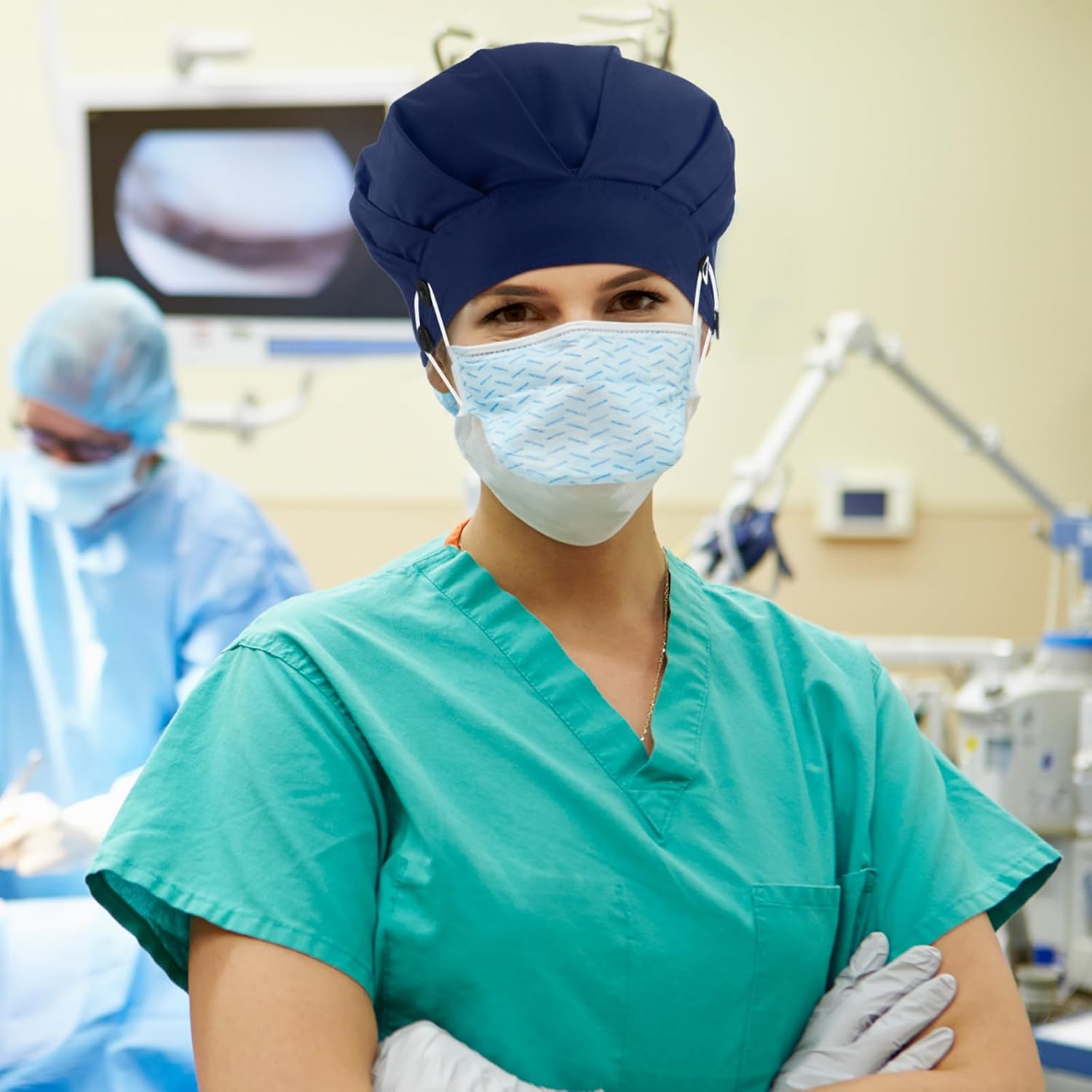 4 Pieces Bouffant Caps with Button and Sweatband Adjustable Nurse Working Hat Elastic Band Scrub Cap for Women Men - Image 3