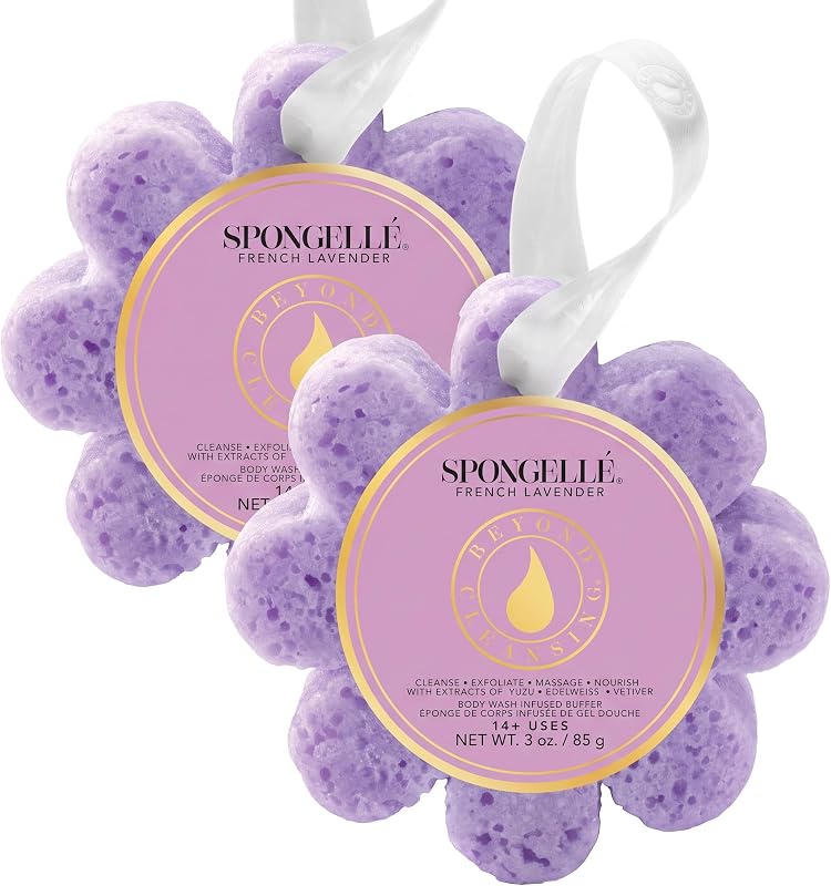 Esponja de banho SPONGELLÉ Wild Flower com sabonete corporal integrado, fragrância French Lavender, Pacote com 2