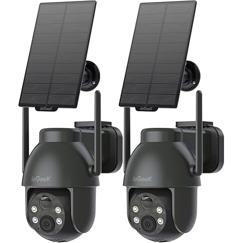 ieGeek Solar Camera Outdoor Wireless, 2K WiFi Cameras for Home Security System, Battery Powered Surveillance Cam with 360°PTZ Color Night Vision, PIR Motion Sensor, Compatible with Alexa (2 Pack)