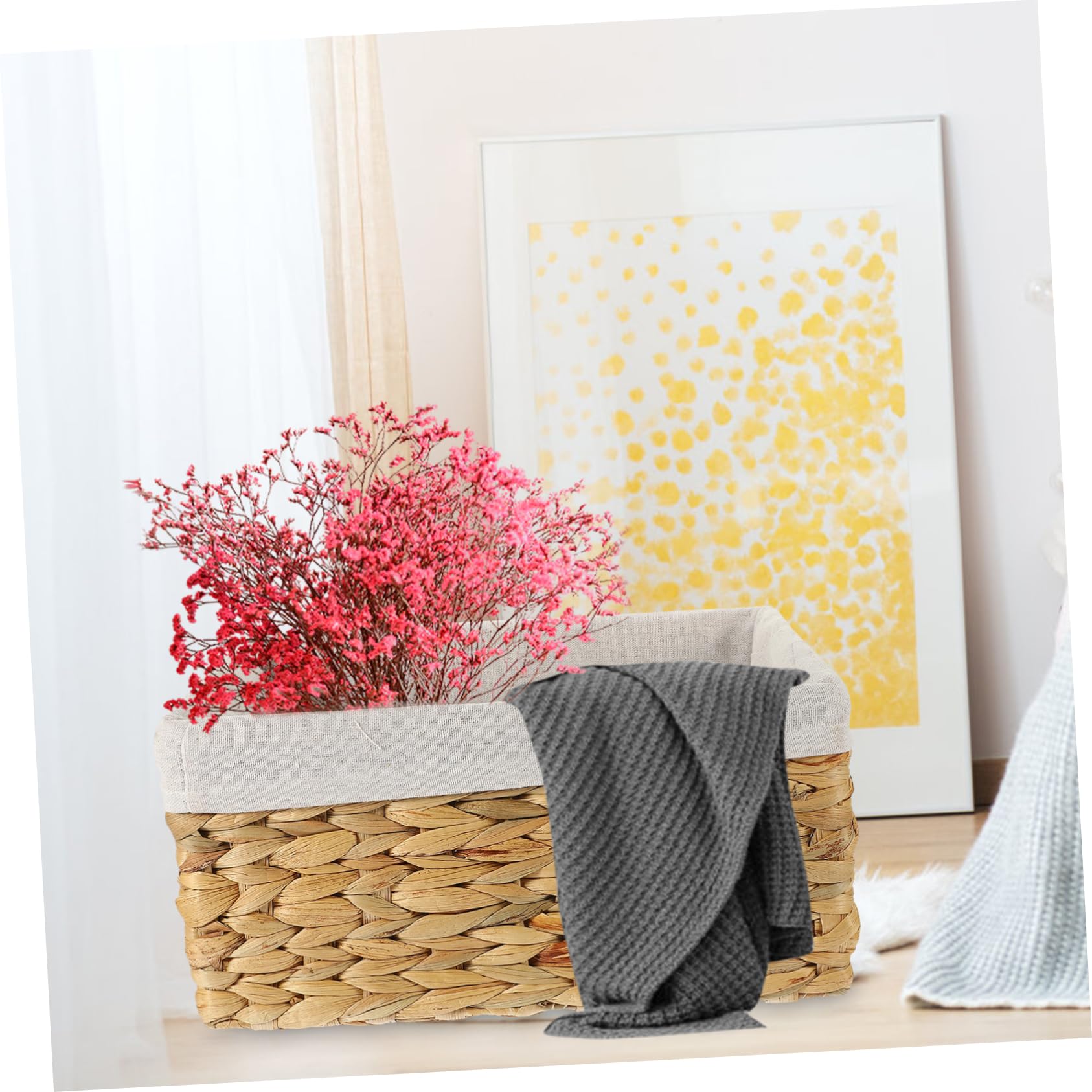 Cesta de Almacenamiento de Fibra Natural con Forro de Lino, Rectangular