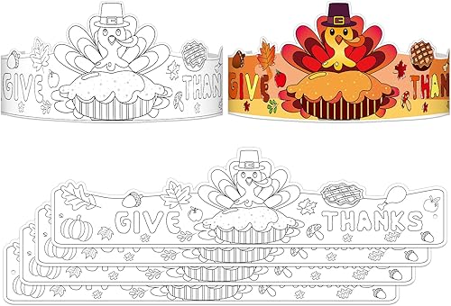 WhatSign Sombrero de pavo para colorear de Acción de Gracias para niños y adultos, 24 diademas de Acción de Gracias, coronas de pavo, sombrero de