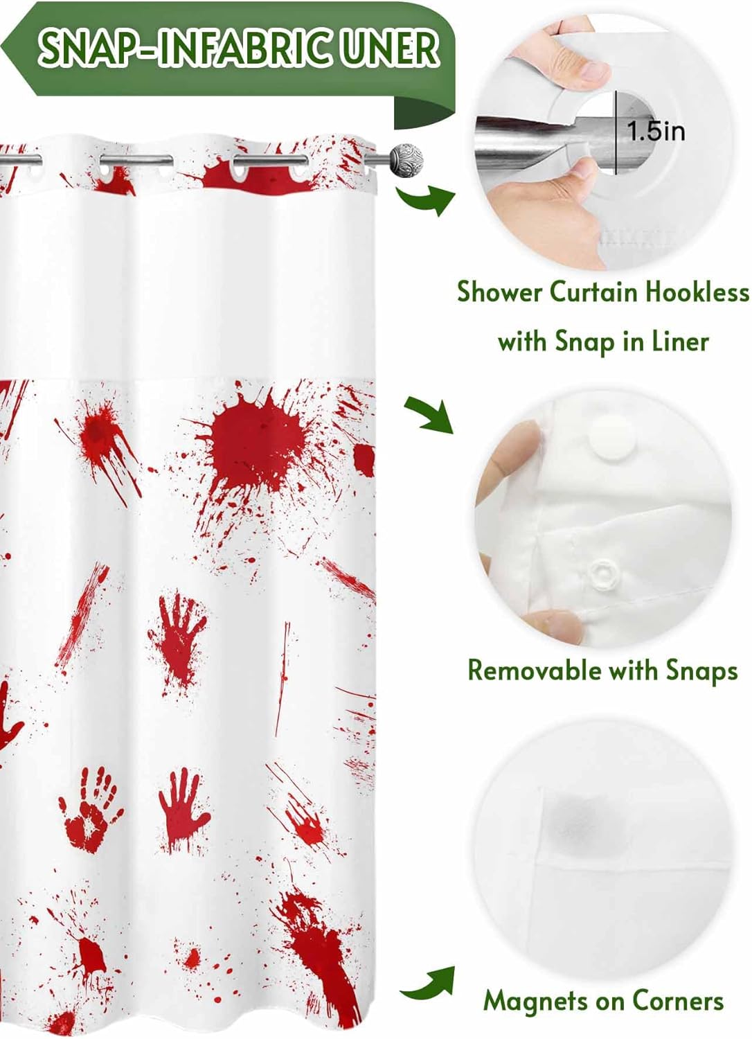 No Hook Shower Curtain with Snap in Liner Set,Halloween Scary Blood Hand Print Waterproof Fabric Shower Curtains Red and White Double Layer Bath Curtain for Bathroom,48Wx72L