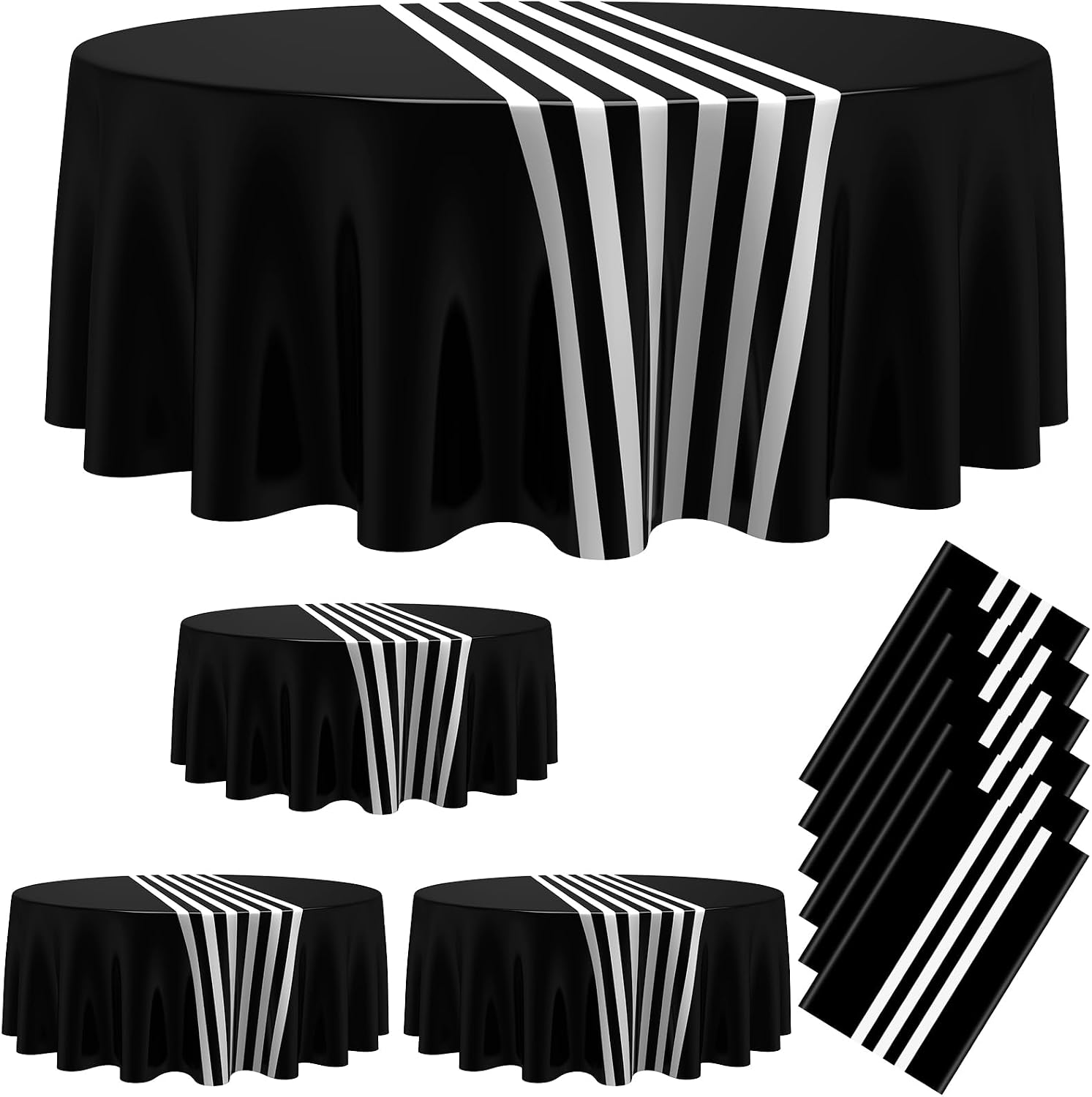 udain 6 Pcs Disposable Black and White Striped Round Tablecloth,Black