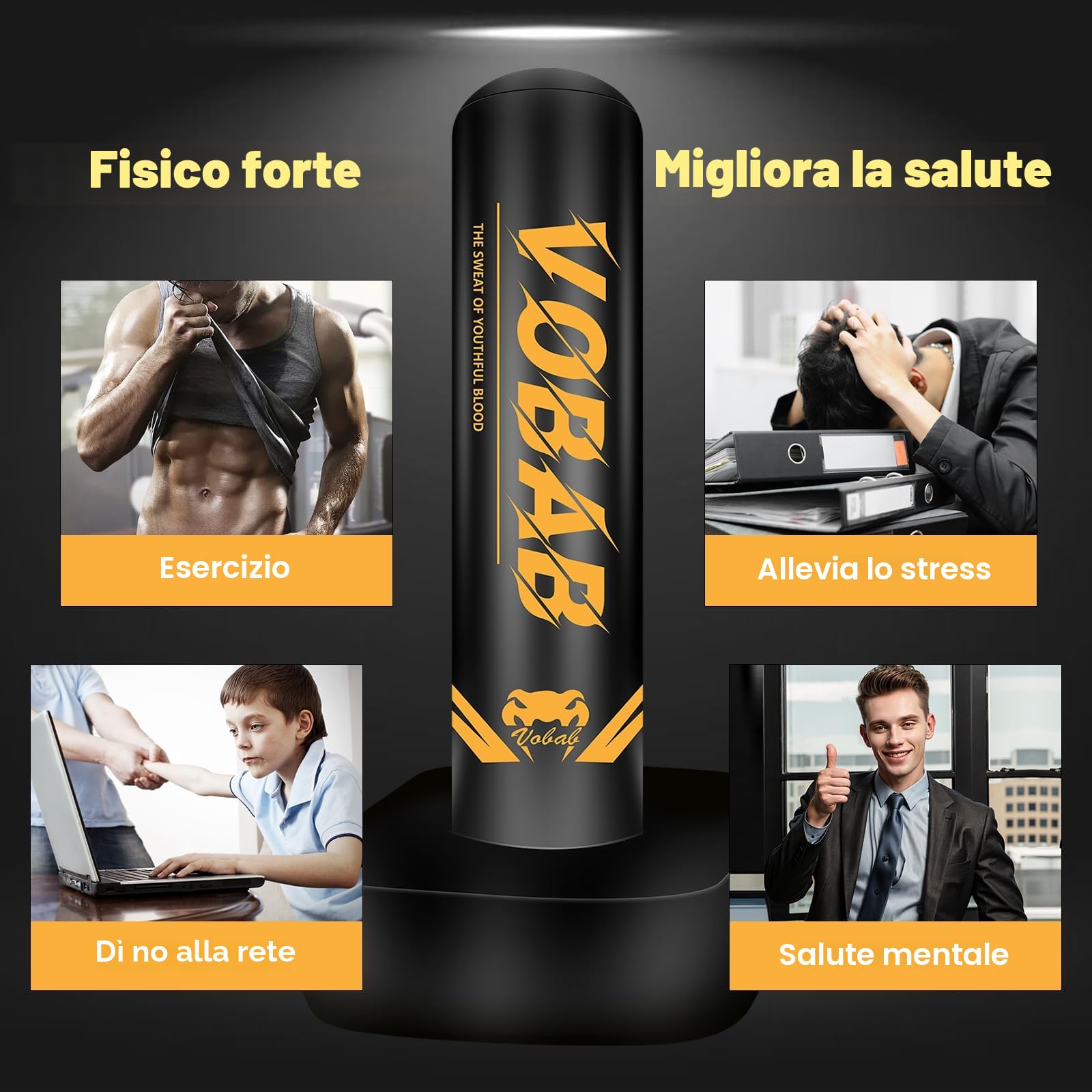 Sacco da boxe autoportante 175 cm, allenamento MMA, Muay Thai e fitness, supporto gonfiabile per kickboxing, attrezzatura essenziale