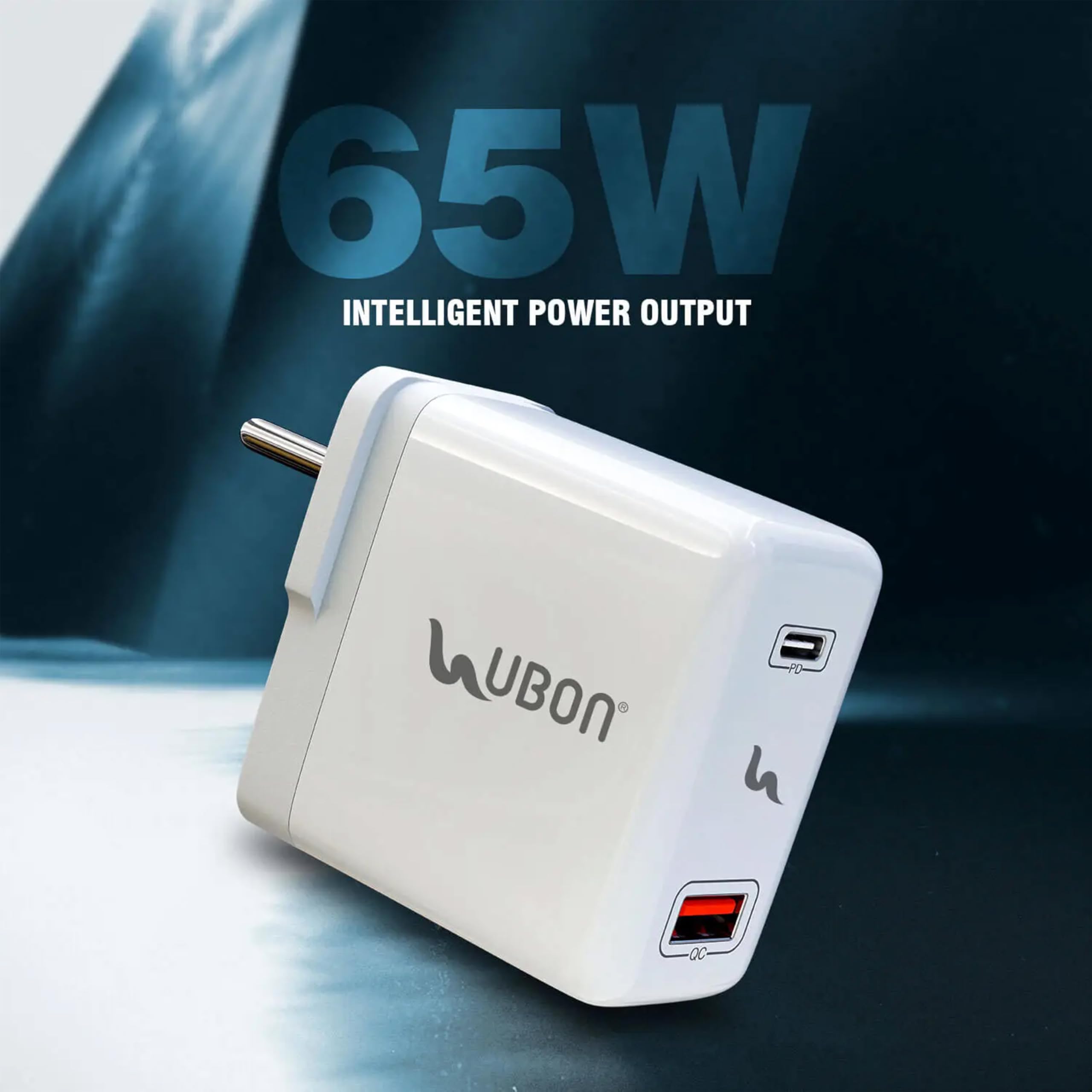 Ubon CH008 65Watt Dual Port Charger, USB & Type C Port with QC & PD Technology Supports Warp, Dash, Flash, Dart, Turbo Charge (White) — Amazon image 2