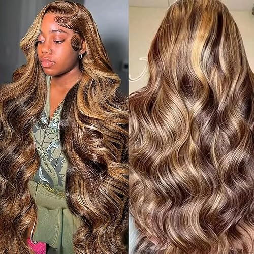 30 Inch Honey Blonde Ombre Highlight 13x6 Lace Front Wigs Human Hair 180% Density HD Transparent Pre Plucked Body Wave Lace Front Wigs Glueless #4/27 Colored Human Hair Wig for Women