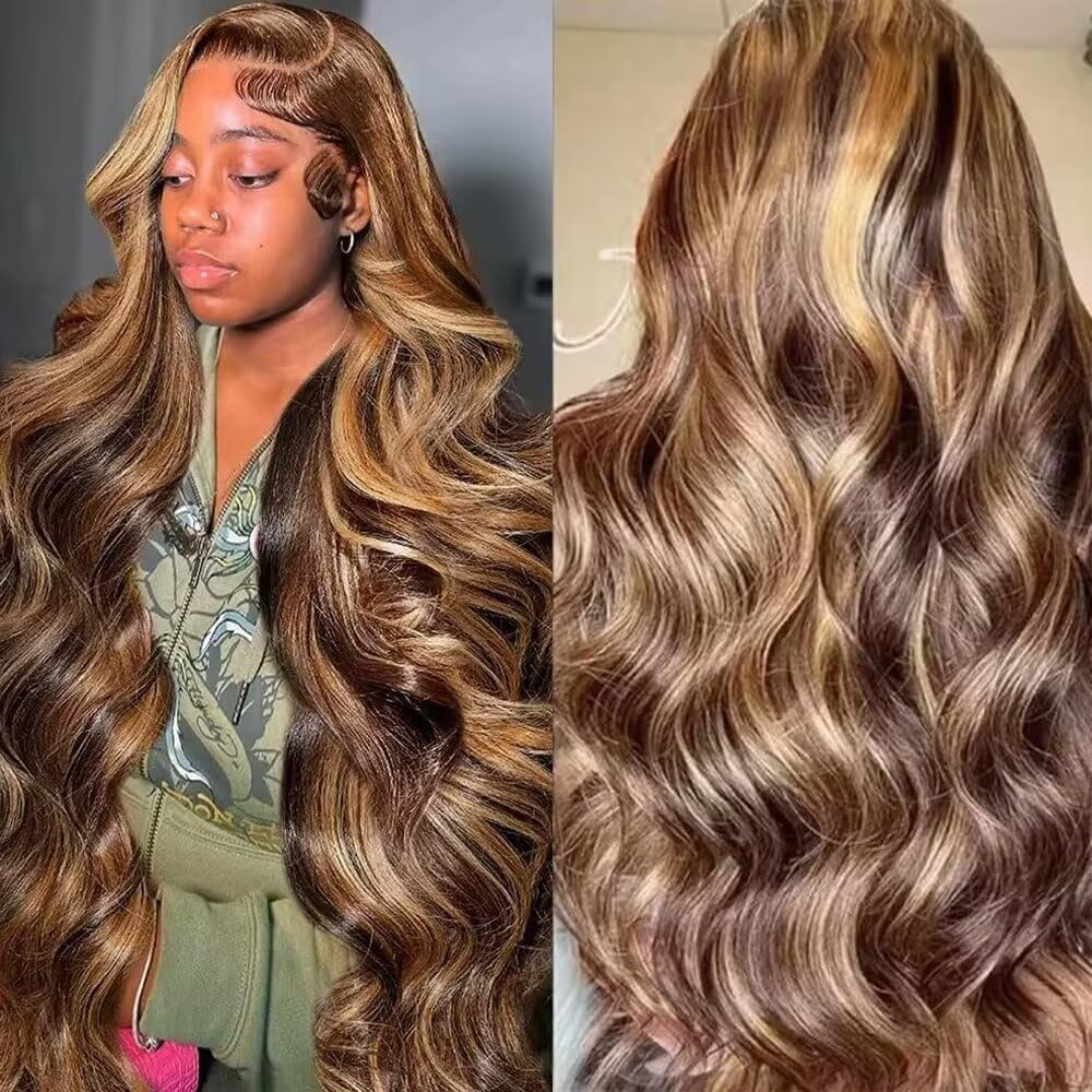 30 Inch Honey Blonde Ombre Highlight 13x6 Lace Front Wigs Human Hair 180% Density HD Transparent Pre Plucked Body Wave Lace Front Wigs Glueless #4/27 Colored Human Hair Wig for Women