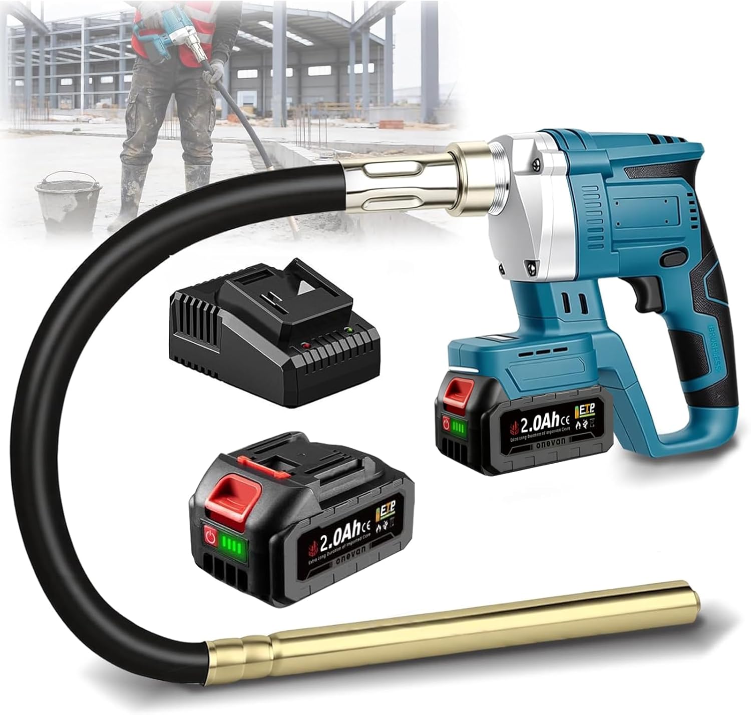 Cordless Handheld Concrete Vibrator, 3.8ft Vibrating Rod with 2 Battery, 6000RPM Handheld Concrete Vibrator Compatible with Makita 2 * 2.0ah 18V Battery for Bubble Removal in Concrete