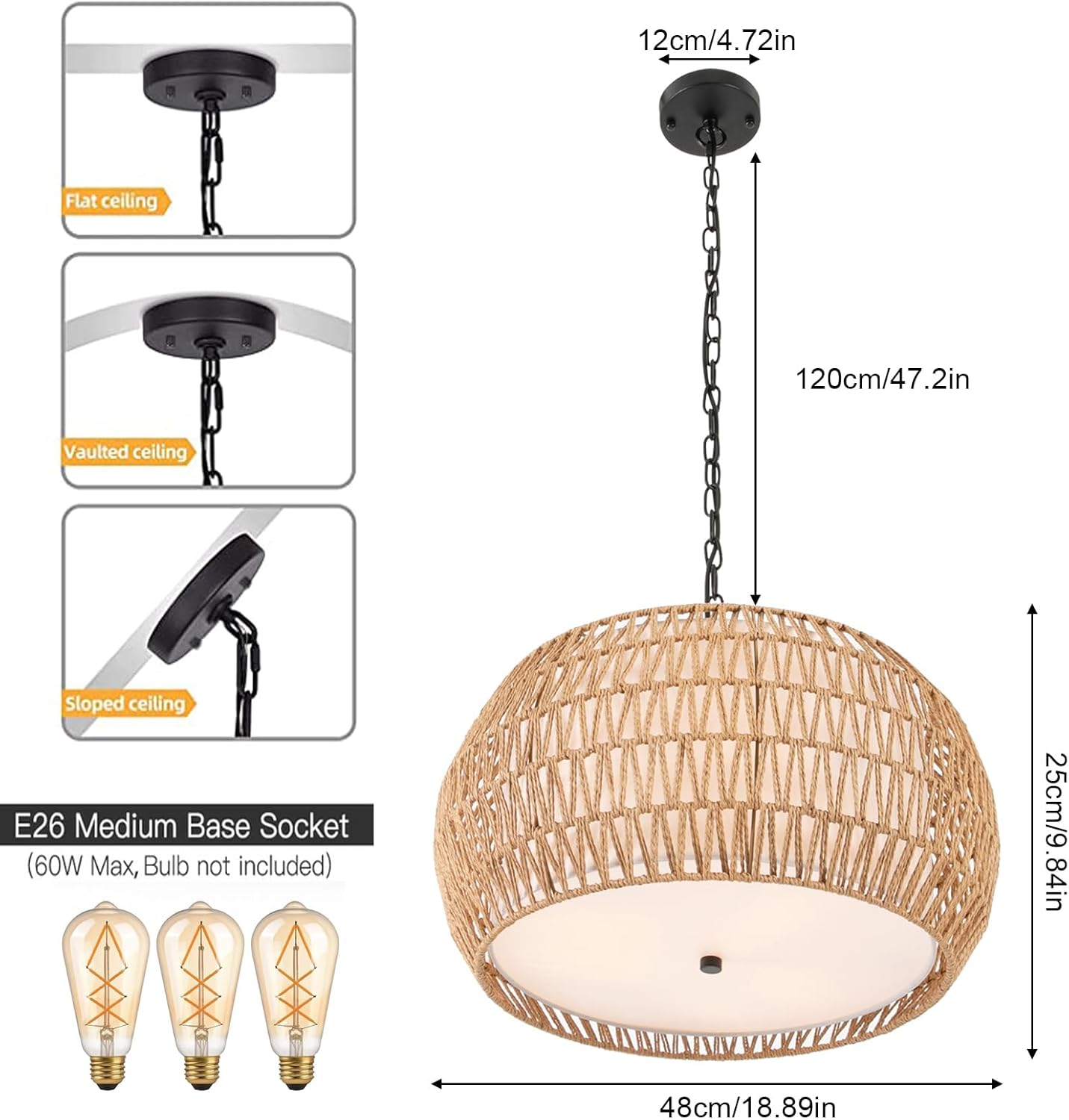 Rattan Farmhouse Pendant Light Fixtures, 3-Light Rattan Chandeliers Light, Boho Ceiling Light Fixture Flush Mount,Woven Hanging Light (Excluding Light Bulb) E26, for Farmhouse Island Living Room
