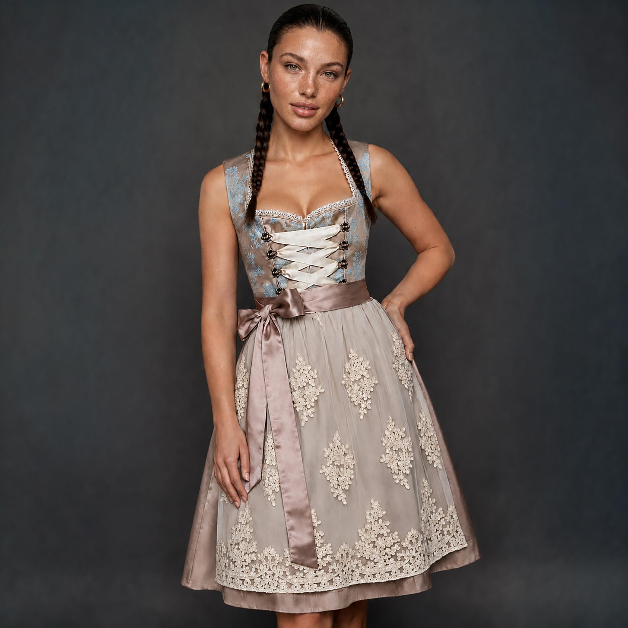 Alte Liebe Dirndl Damen Midi Lang Dirndl Trachtenkleid Trachtenrock Dirndl-Set Trachtenmode Trachten Damen mit 2tlg Dirndl Spitzen Schürze Oktoberfest Dirndlkleid Gold