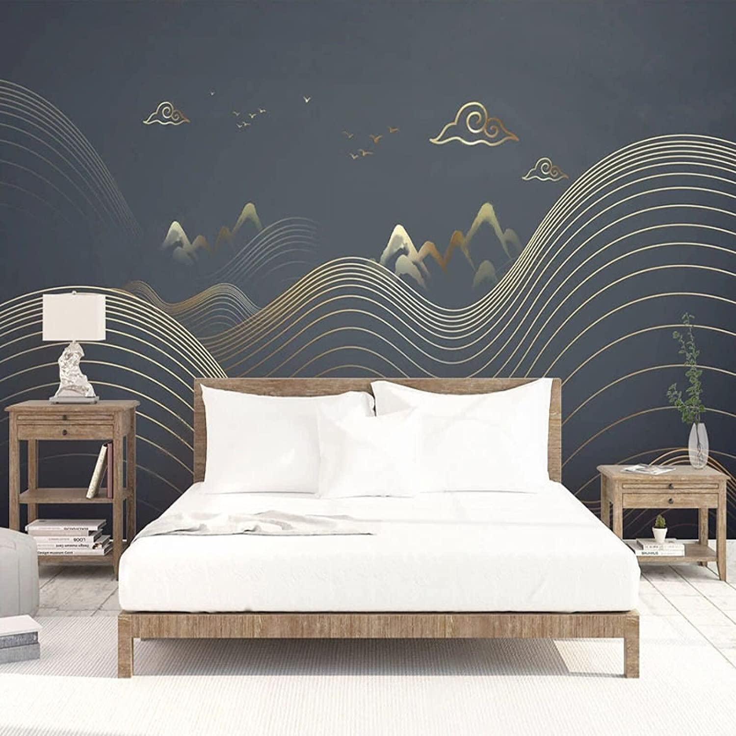 Mural De Pared Foto De Pared 3D Pelar Y Pegar Papel Pintado Autoadhesivo Pegatina Removible Paisaje De Tinta De Línea Dorada Decoración Del Hogar Fondo De Tv Pintura De Pared A 250(ancho)x175(alto) cm
