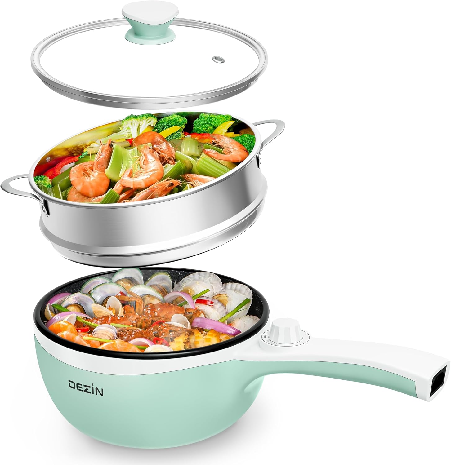 Dezin Hot Pot Electric with Steamer Upgraded, Non-Stick Sauté Pan, Rapid Noodles Electric Pot, 1.5L Mini Pot for Steak, Egg, Fried Rice, Ramen, Oatmeal, Soup with Power Adjustment 1.5L Green 2