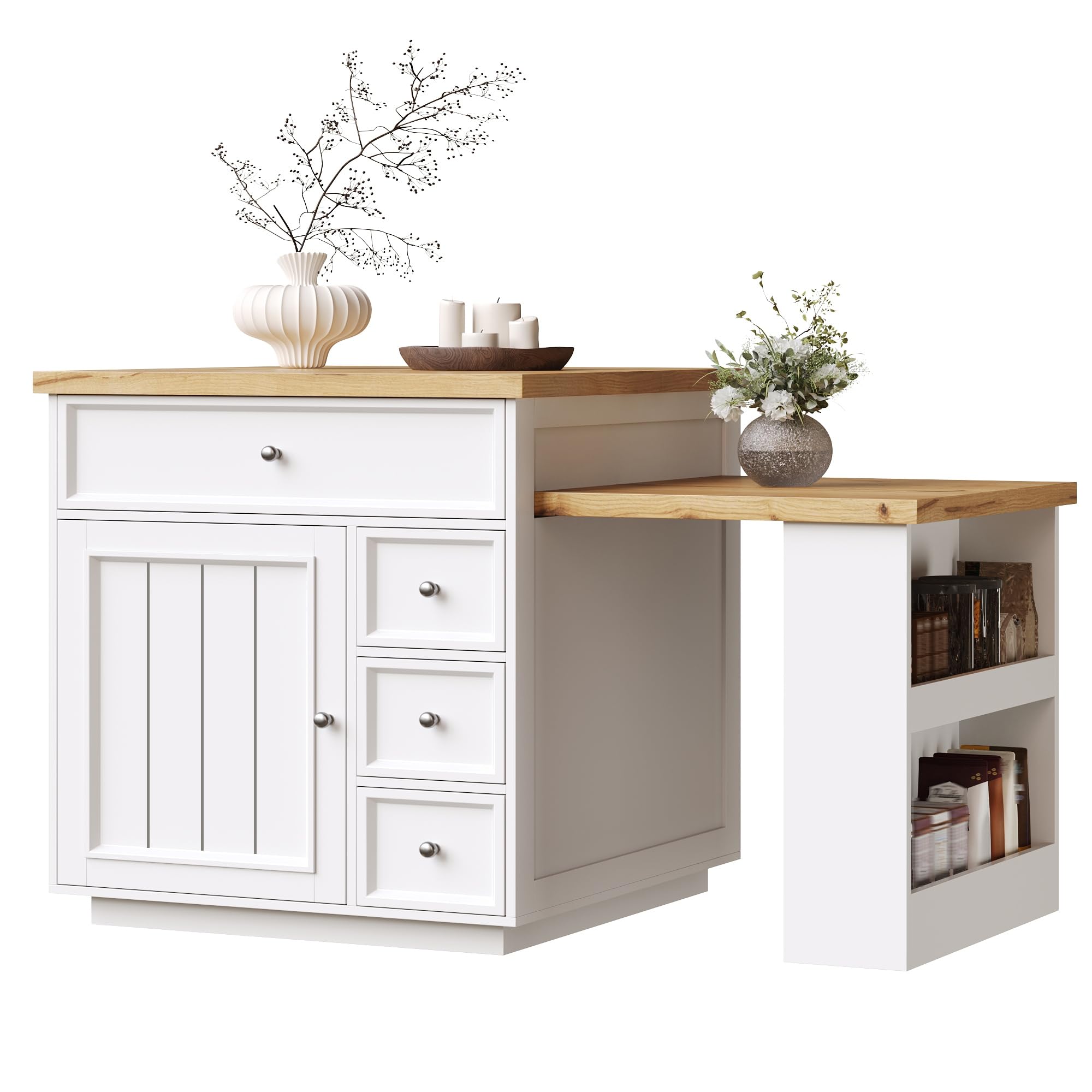 Ausziehbare Kücheninsel (120-184 cm) mit Schubladen und Rollen, fahrbare mit Holzoptik-Tischplatte, Vielseitige Thekeninsel für Küche, Esszimmer & Bartresen, Weiß
