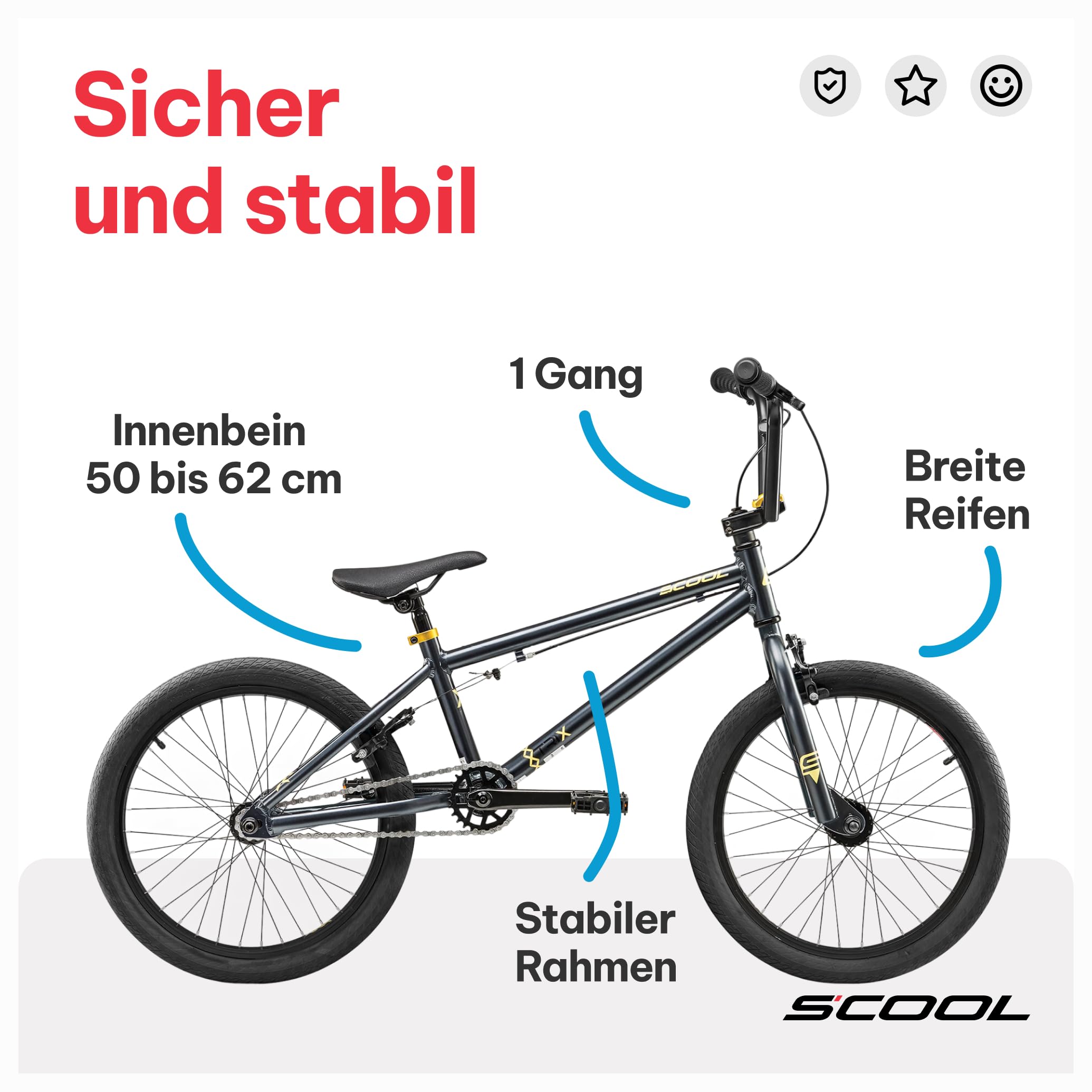 S’COOL Kinderfahrrad 20 Zoll, Kinder BMX Fahrrad – BMX für Kinder ab 6 Jahren – Körpergröße ab ca. 120 cm – Freestyle & Stunt Bike – 1-Gang XtriX BMX