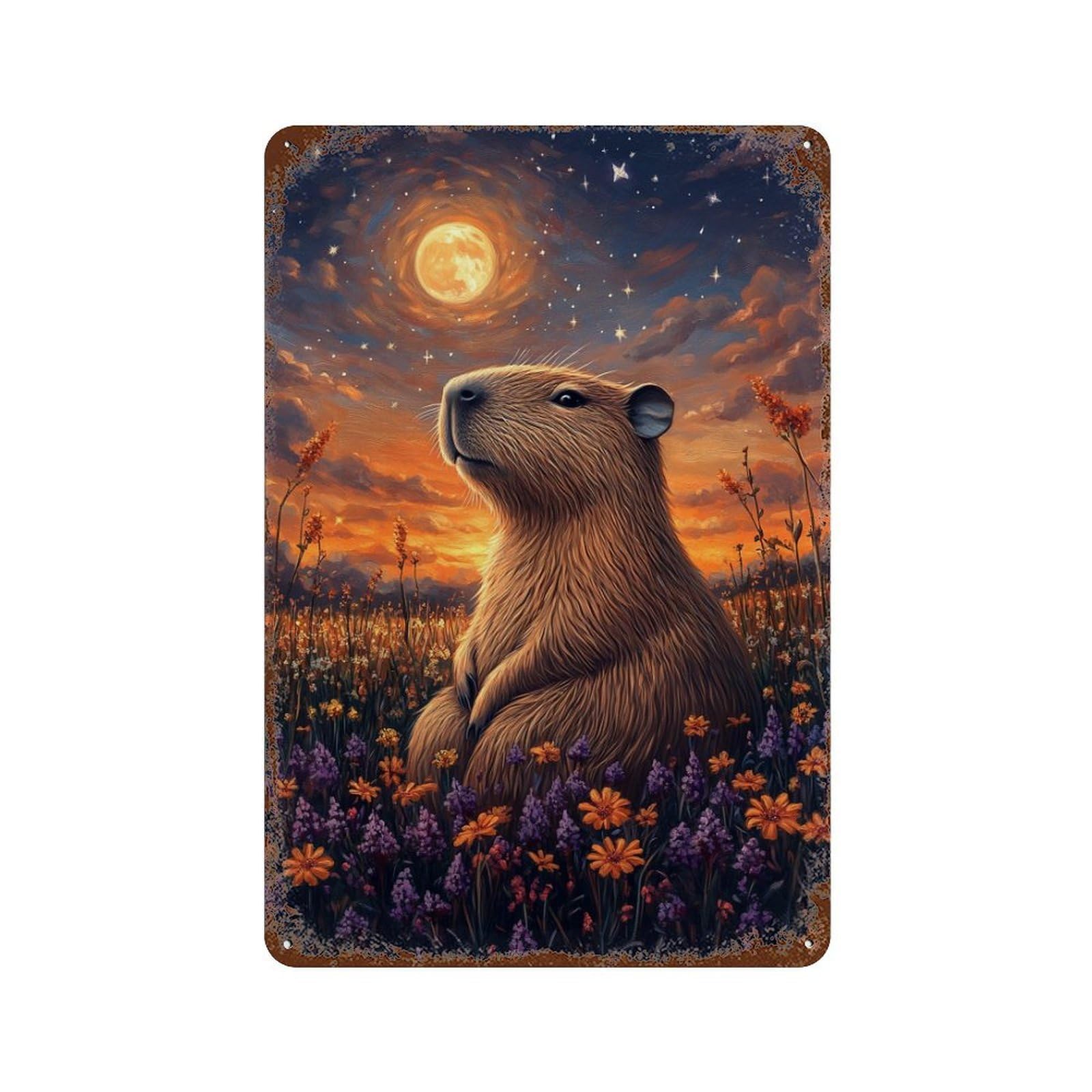 Moonlit Capybara Meadow 11.8"x7.9" Decorative Tin Sign, Retro Wall Decor for Bistro, Counter And Cafe Decor