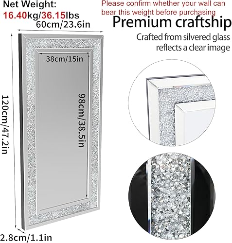Miniatura 7 de Artloge Espejo decorativo de pared rectangular grande plateado con borde de diamante con marco trasero para sala de estar, baño, dormitorio,