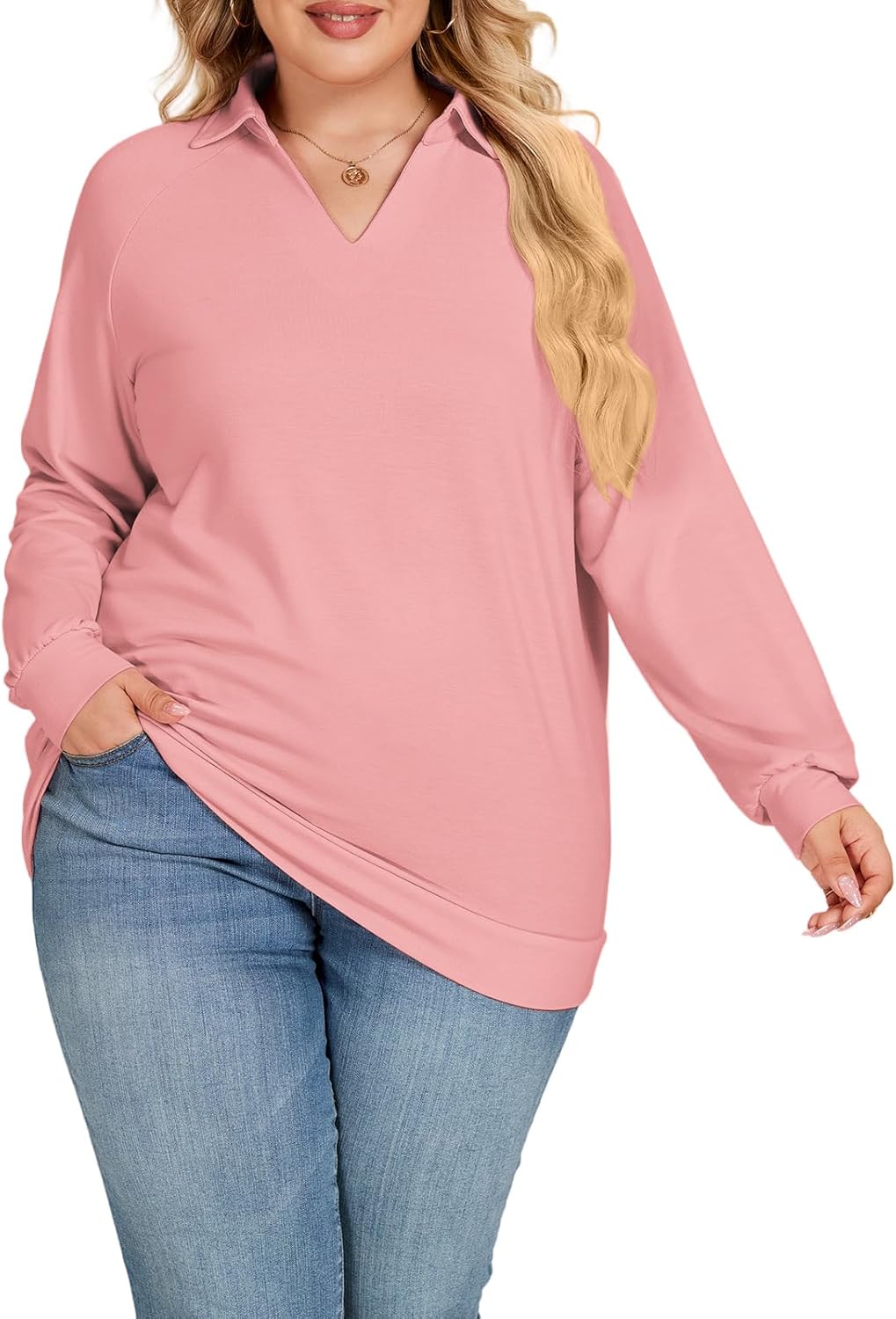 VISLILY Plus Size Tops for Women Cute T-Shirts Dressy Long Sleeve Blouses Fashion Collared V Neck Polo Sweatshirt 2Xl Pink - Image 3
