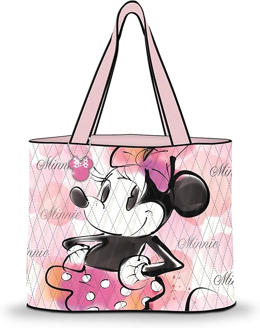 The Bradford Exchange Disney 'Pretty & Pink' Tote Bag Top-Zip Quilted Fabric Tote Bag Features Minnie Mouse Watercolour-Style Art, Lined Interior, 1 Zipped And 2 Slip Pockets. Exclusive To
